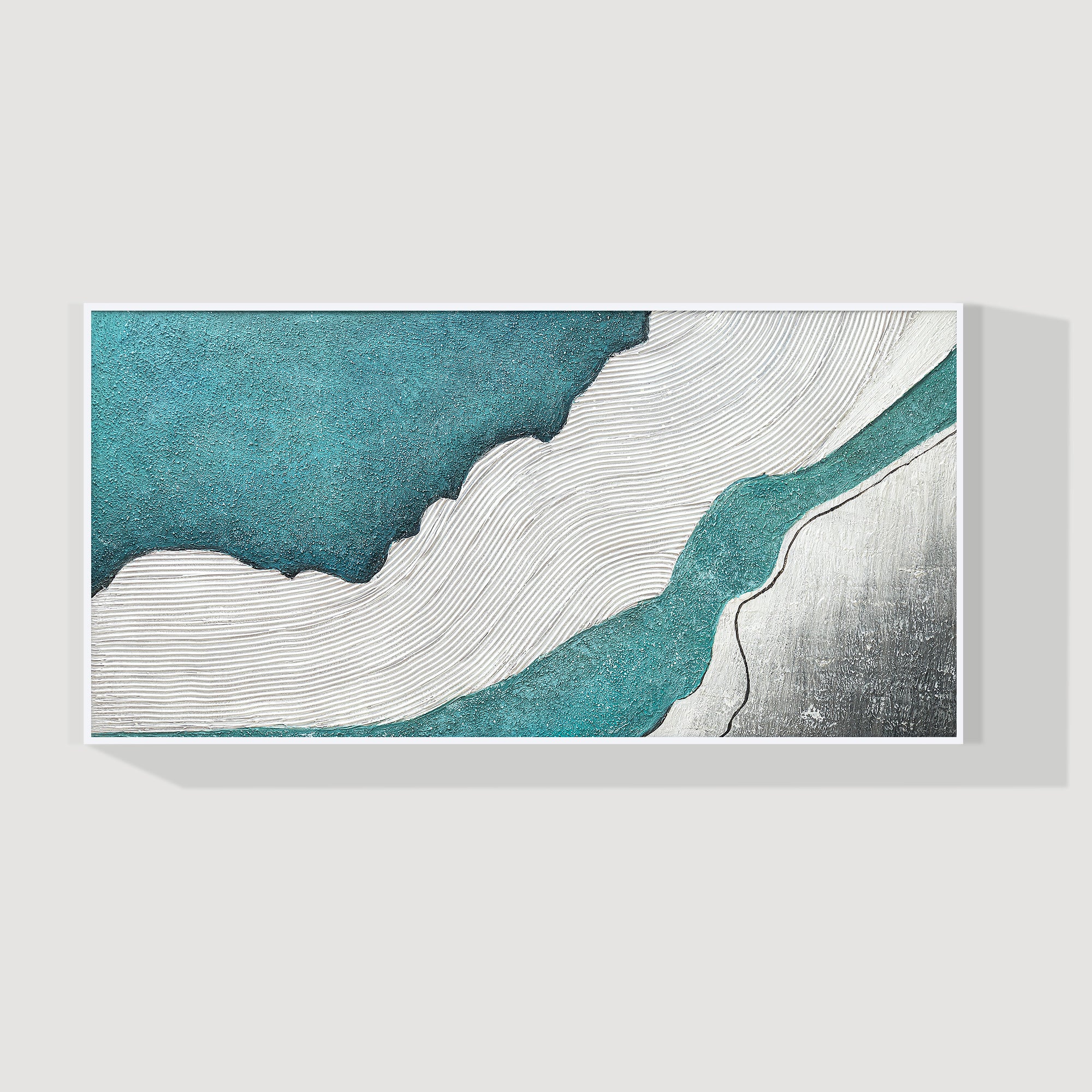 Teal and white abstract ocean painting with 3D texture