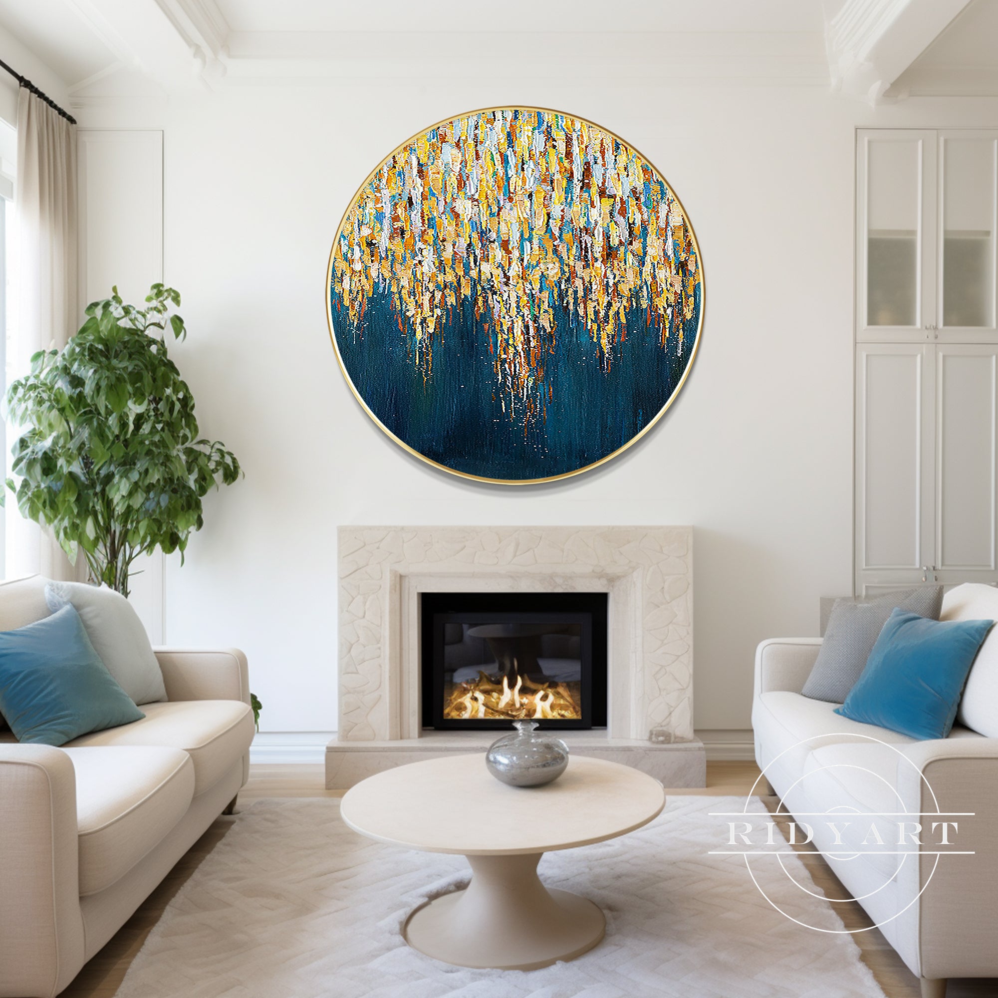 Hand-painted round canvas art in modern blue and gold tones