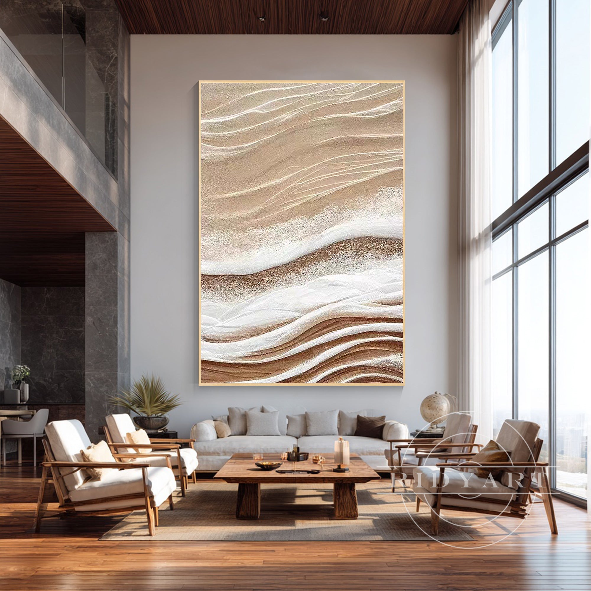 Modern textured beige canvas wall decor for living room interior