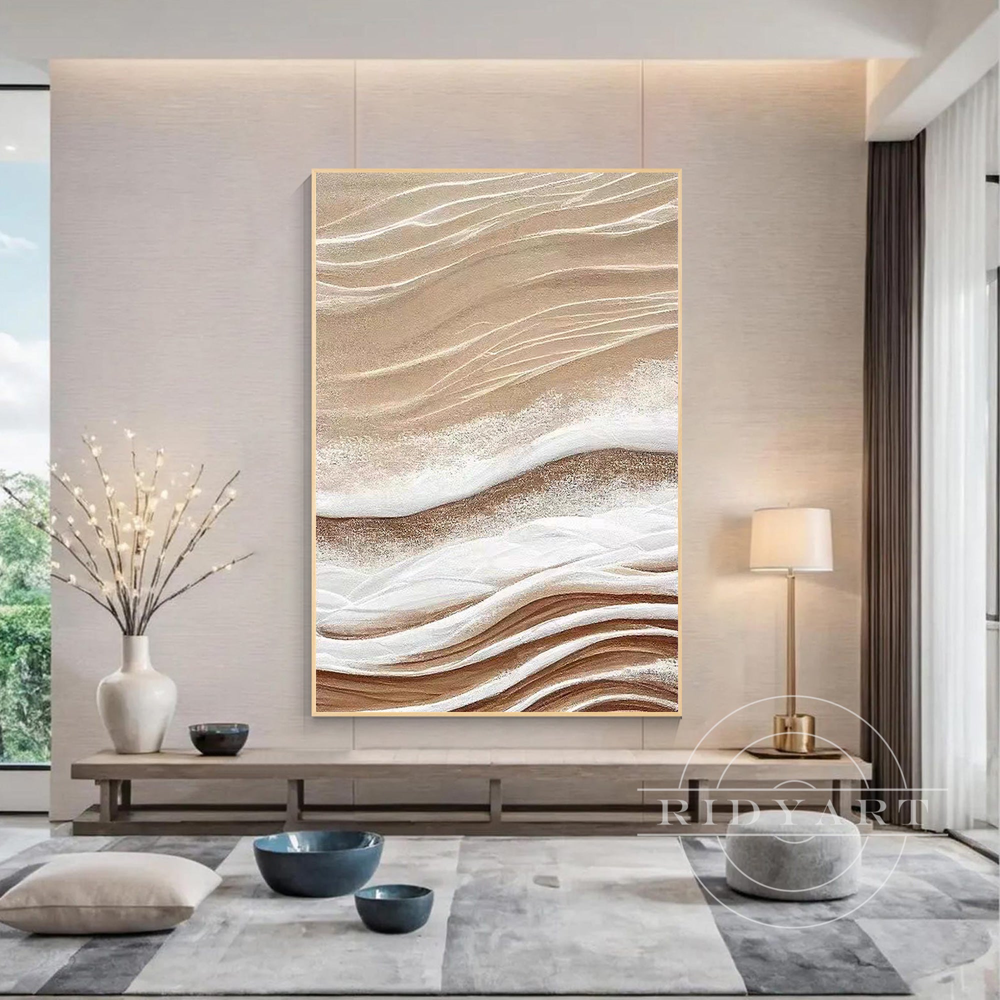 Neutral tone abstract wall art featuring layered 3D texture