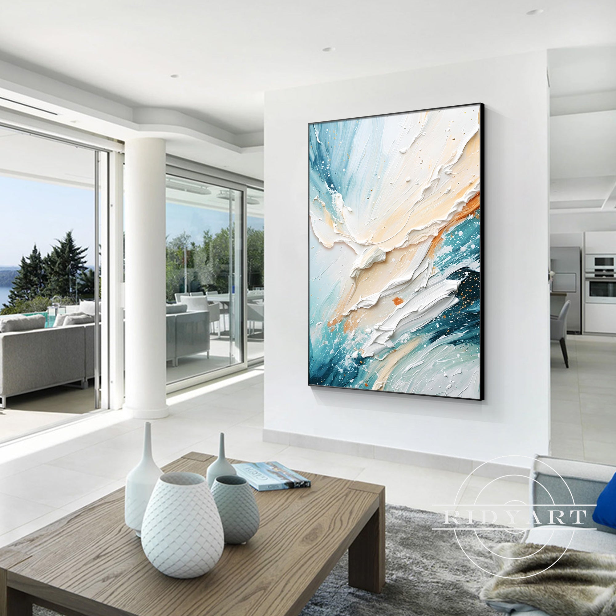 Modern abstract painting with ocean waves in turquoise and teal tones.