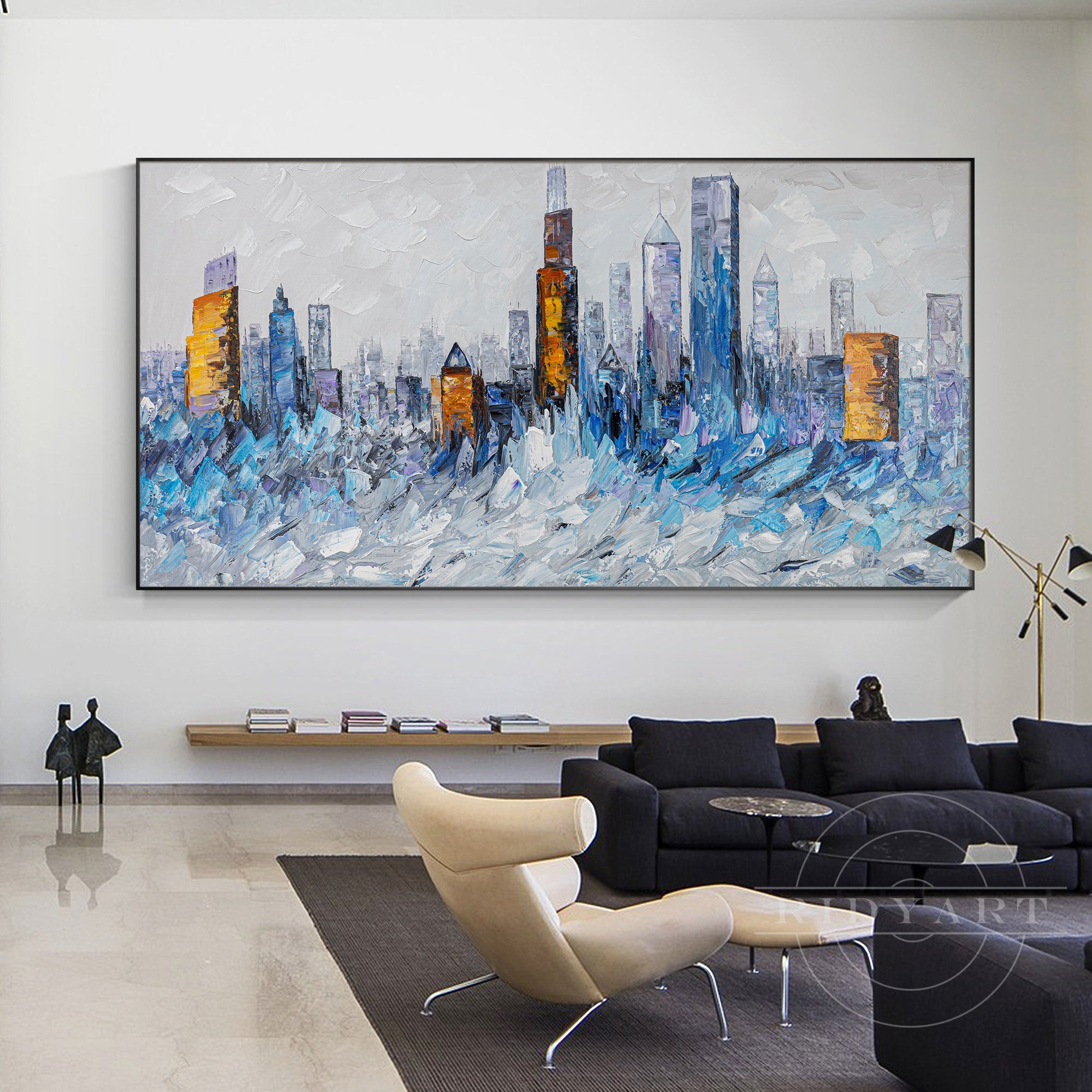 Contemporary Chicago skyline canvas wall art.