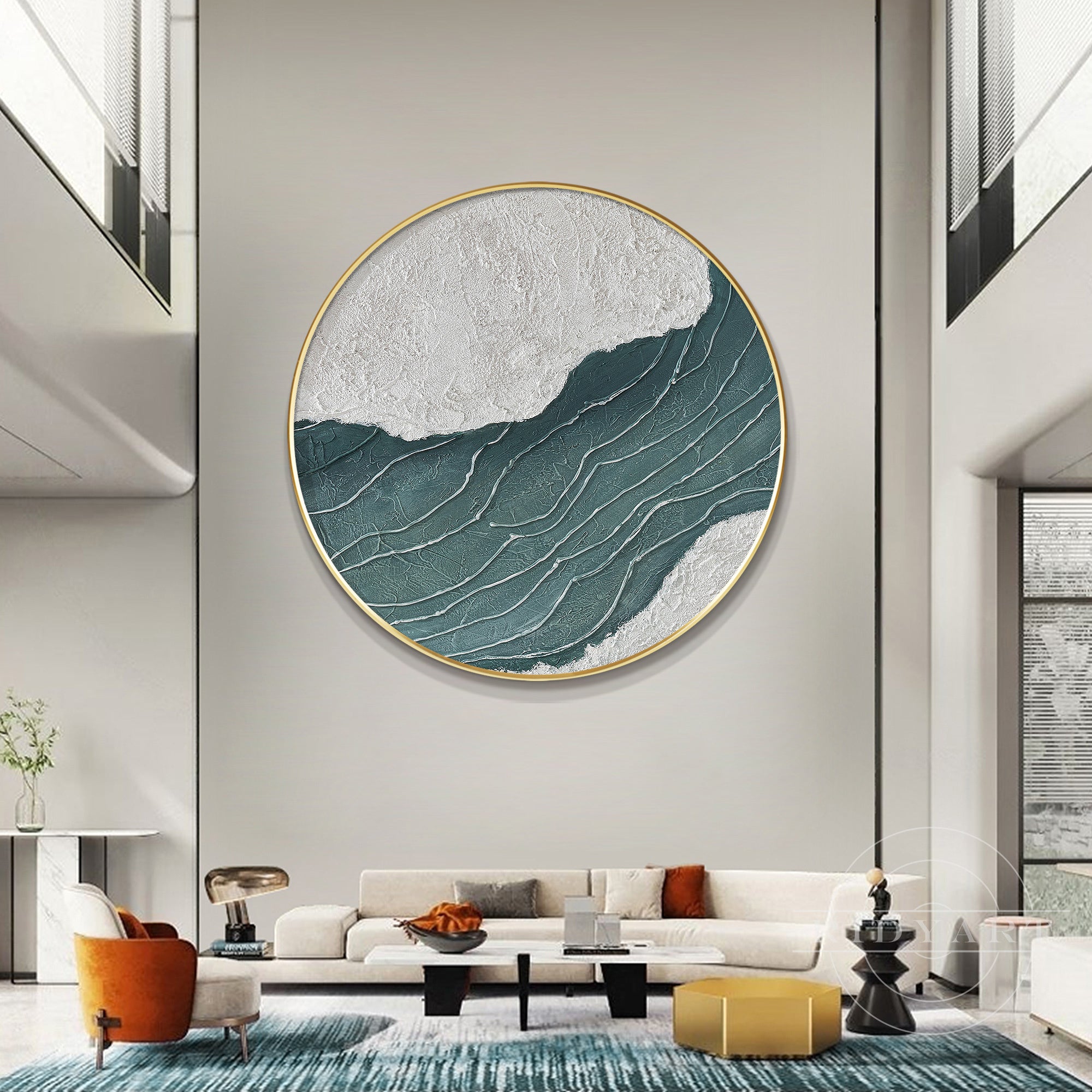 Modern round ocean painting with textured waves and a gray coastline