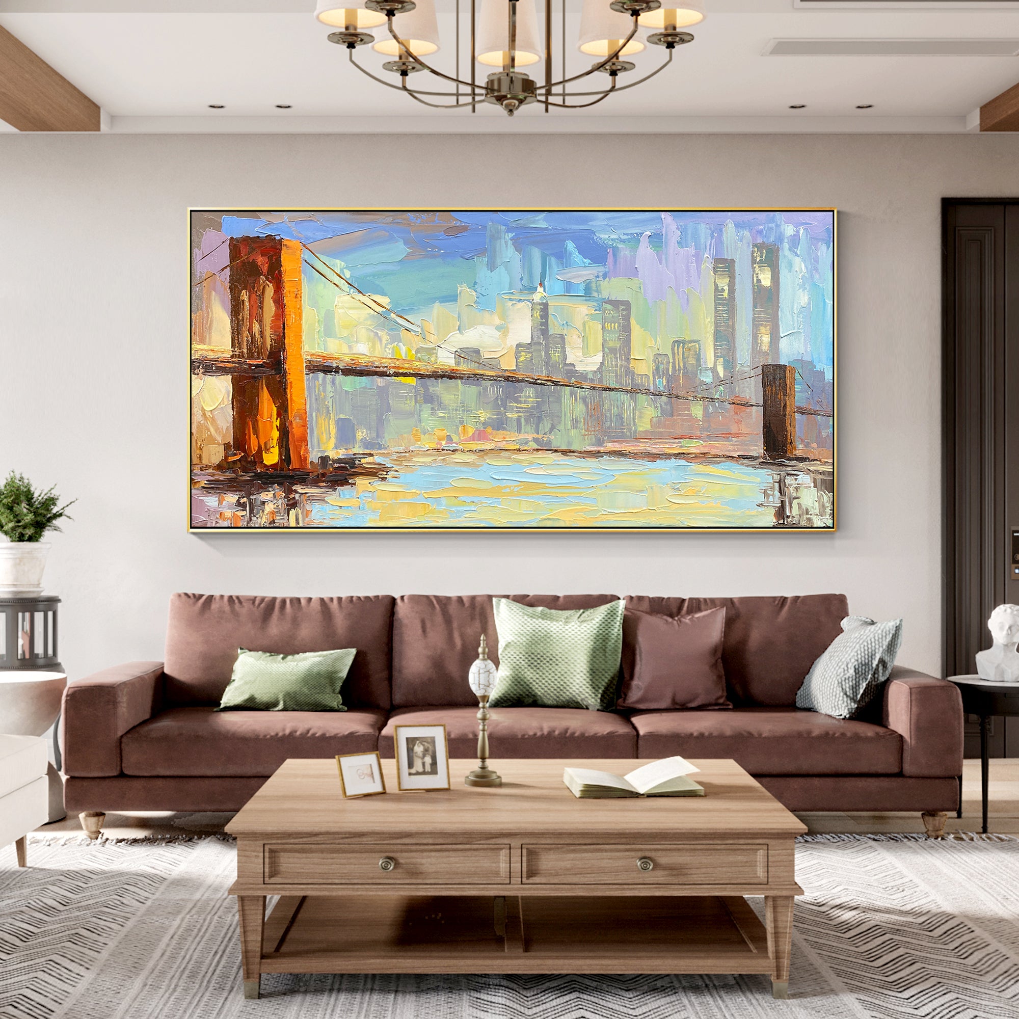 Large framed Brooklyn cityscape canvas wall art