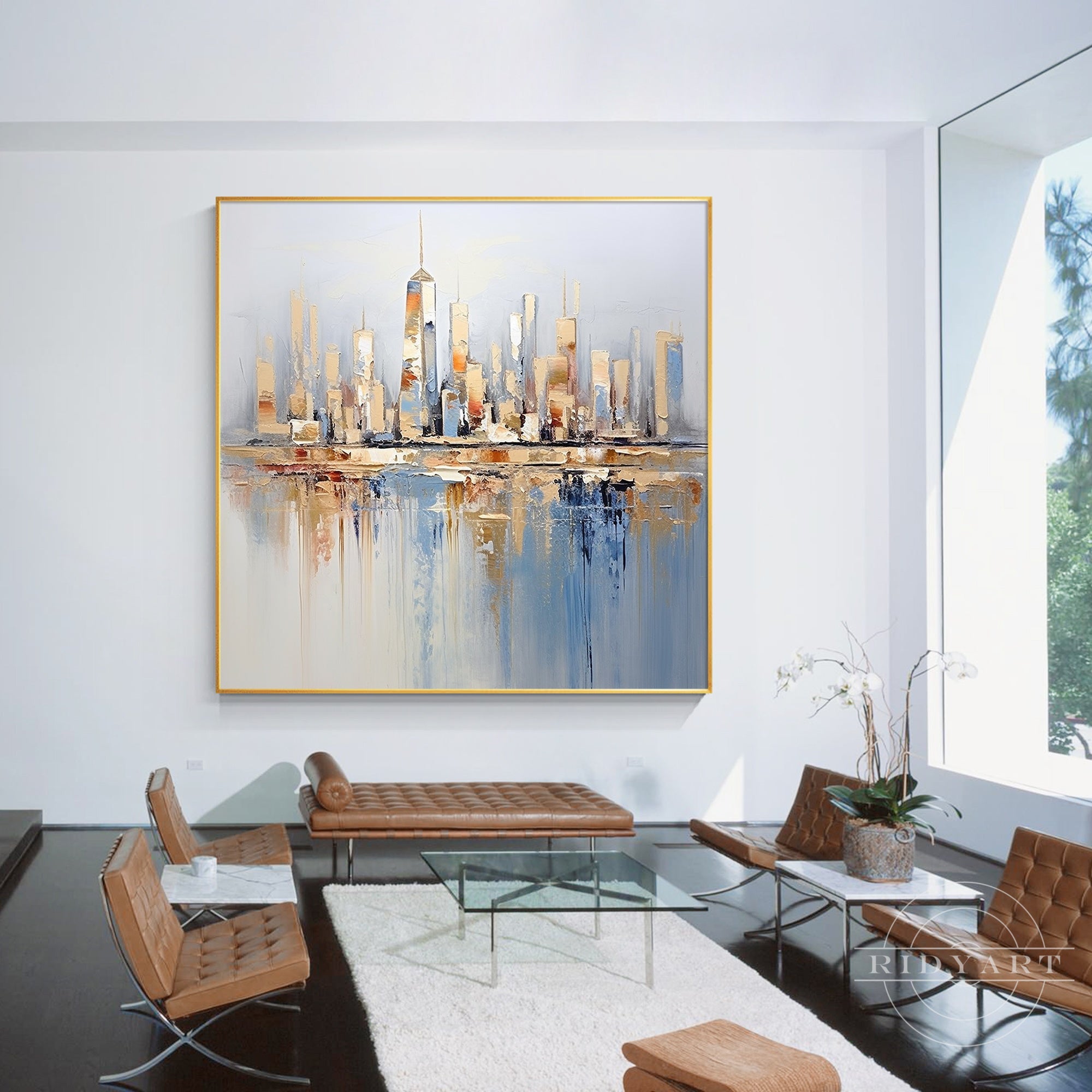 Elegant cityscape wall art in gold and blue tones with texture details