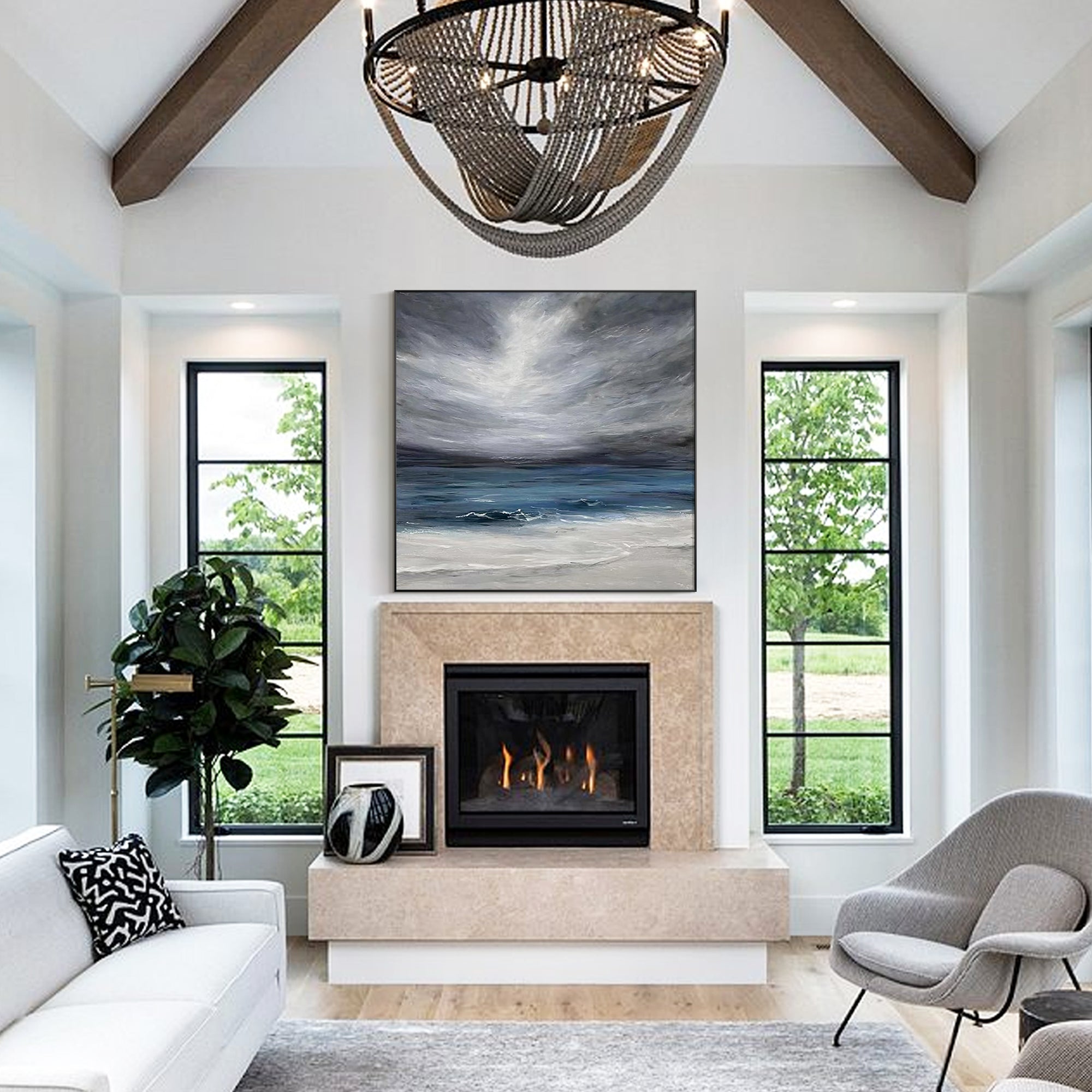Navy ocean coastline canvas artwork with soft cloud details