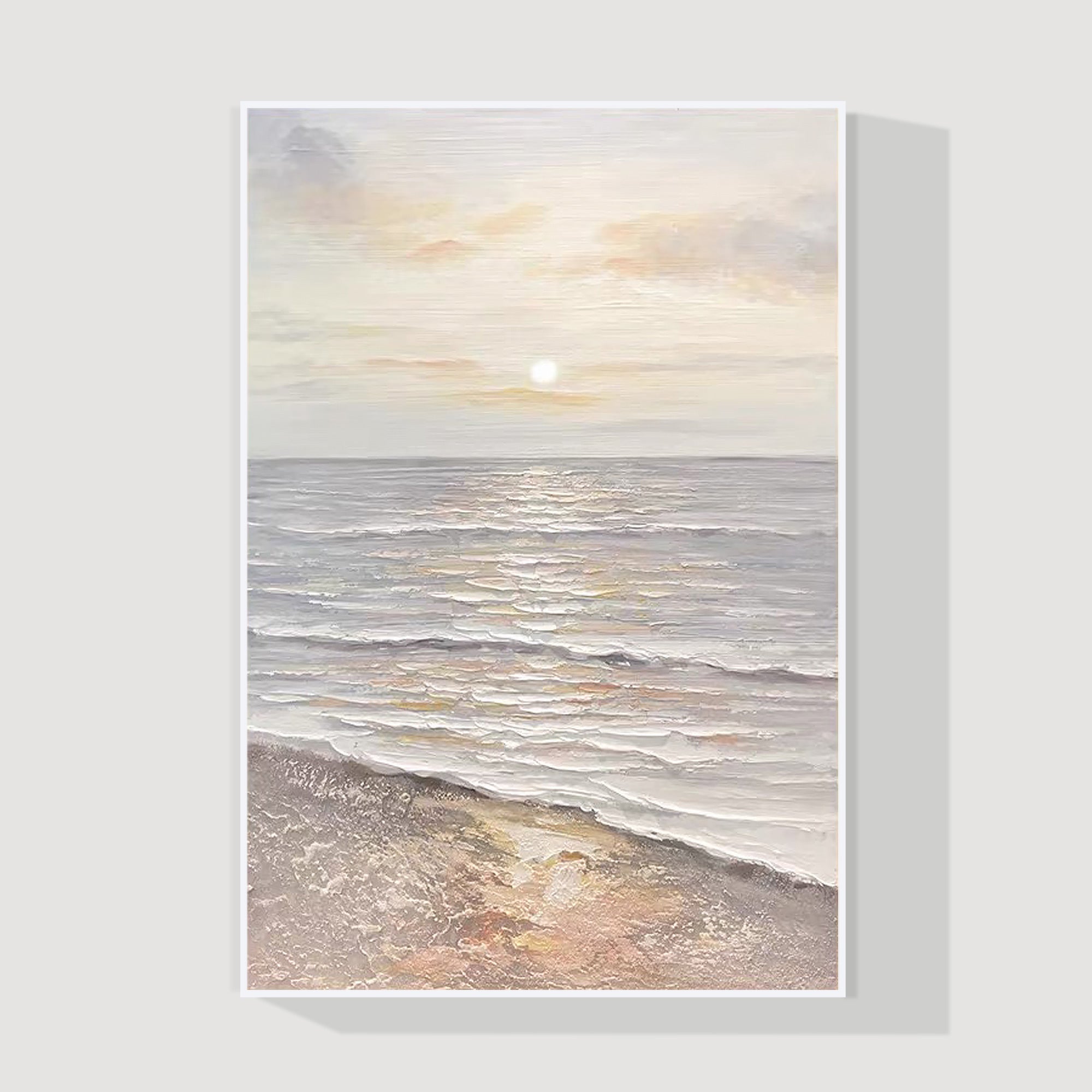Textured coastal sunset painting with warm earth tones