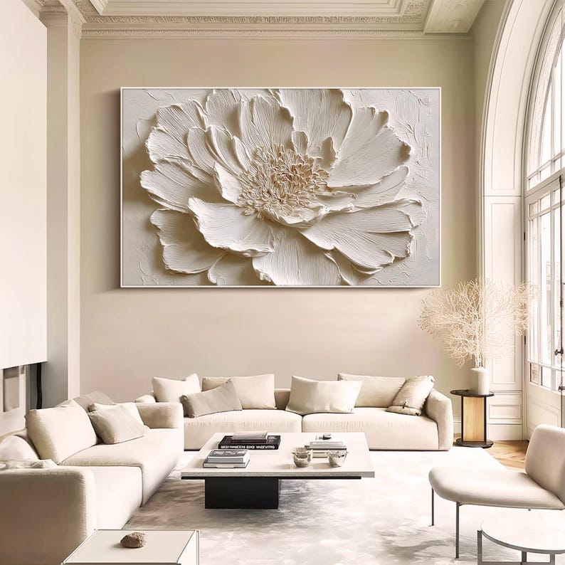 Textured creamy white flower painting with beige tones