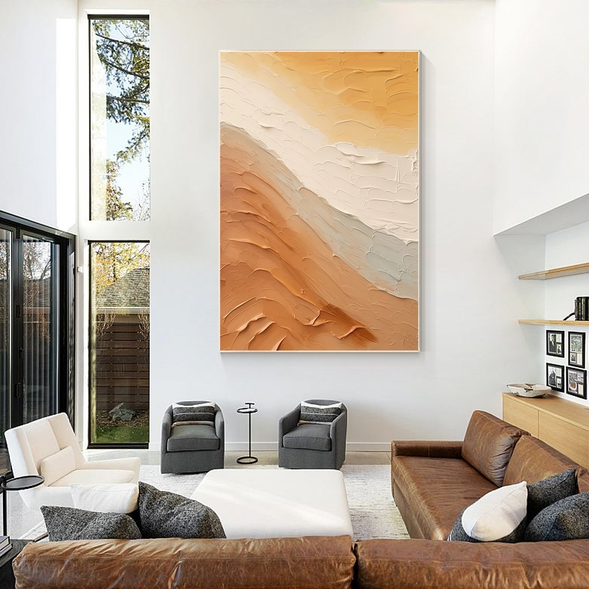 Earth tone abstract ocean painting with 3D textured details, featuring a minimalist Wabi Sabi design. Extra large wall art for coastal and natural decor.