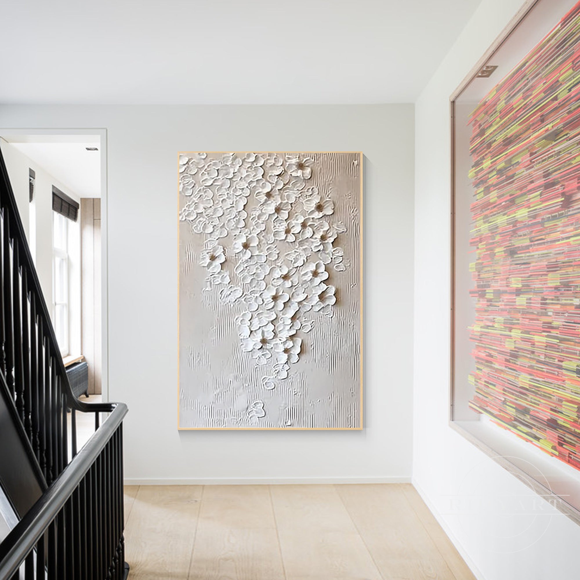 Textured floral wall art above fireplace
