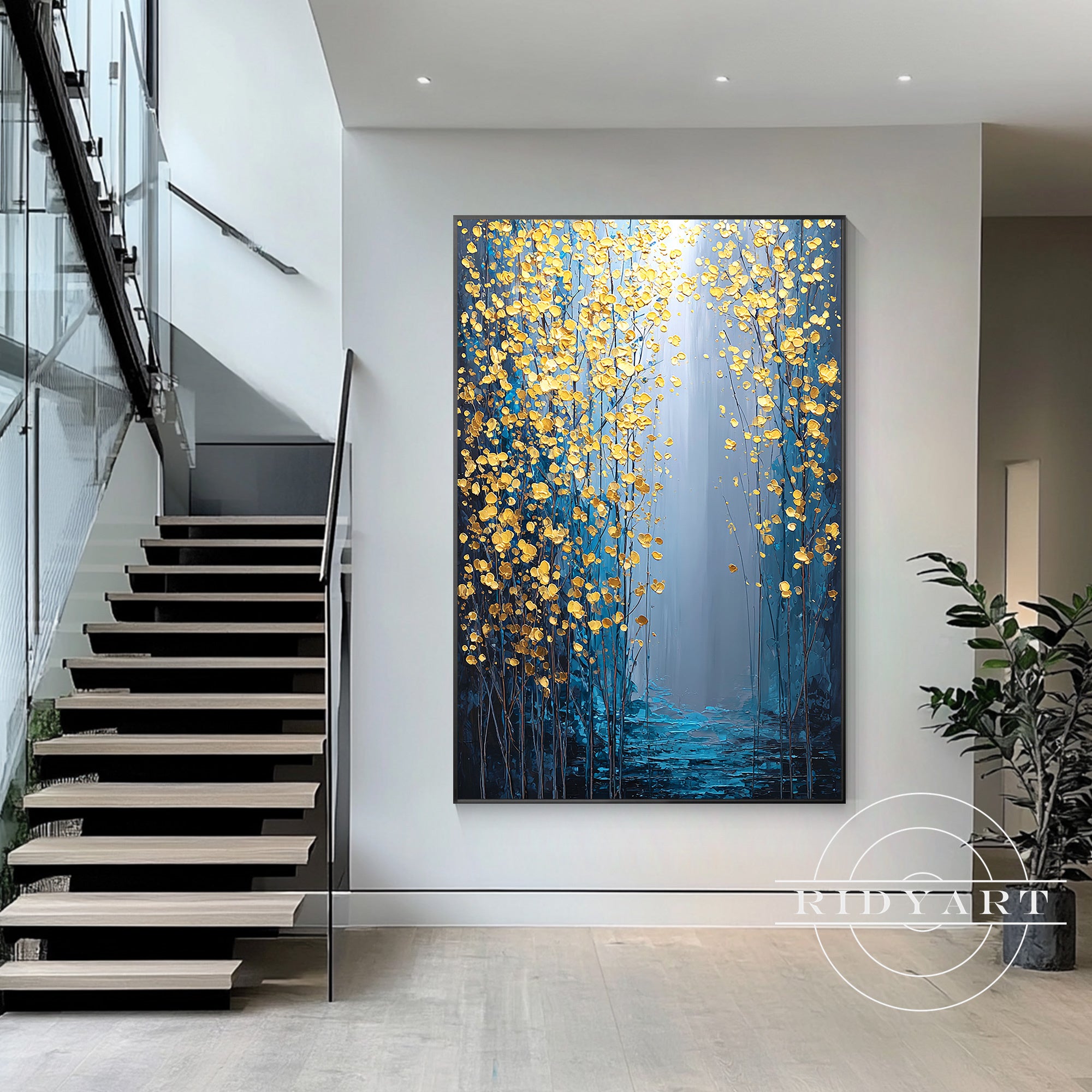 textured navy gold flower wall art
