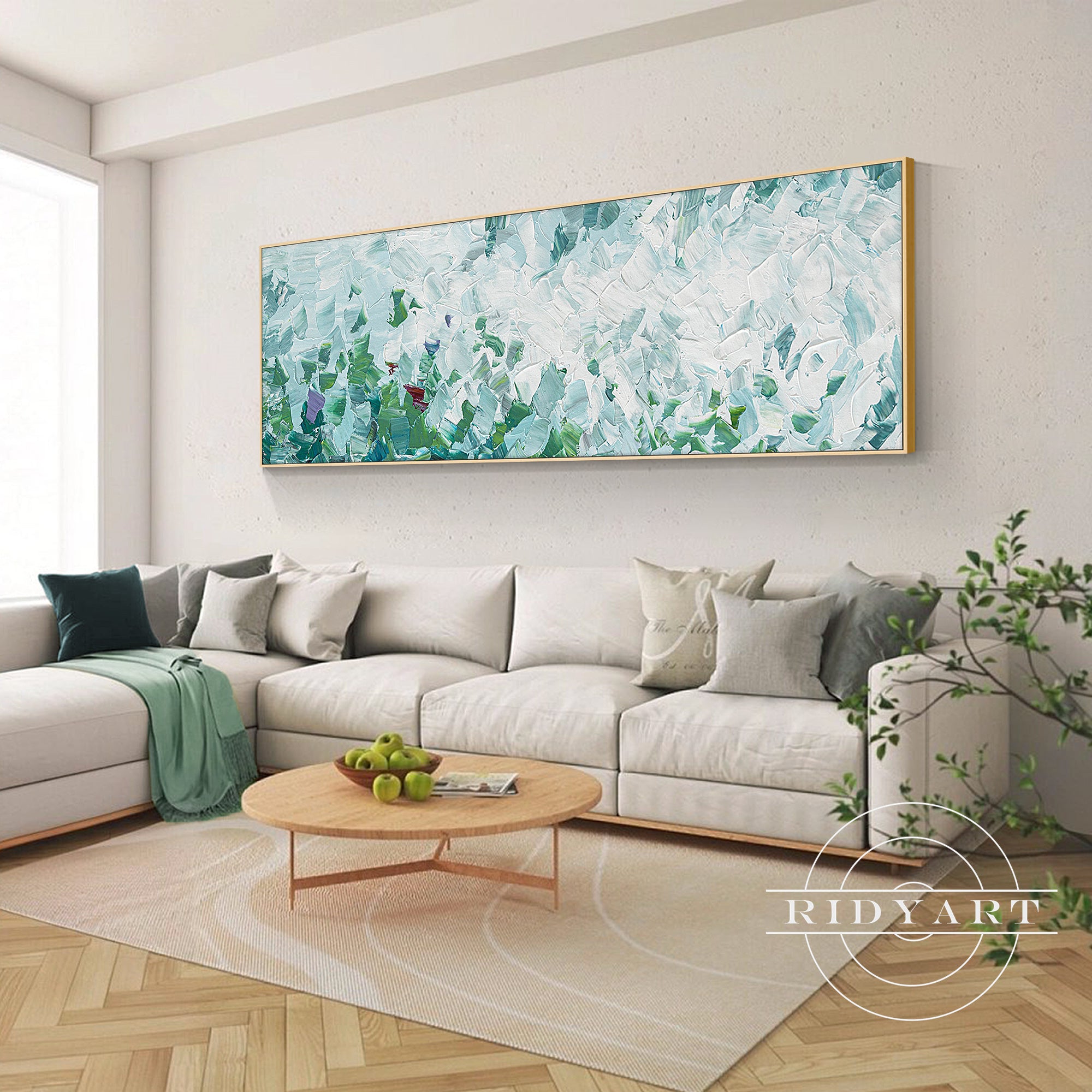 Long horizontal canvas painting in modern green tones