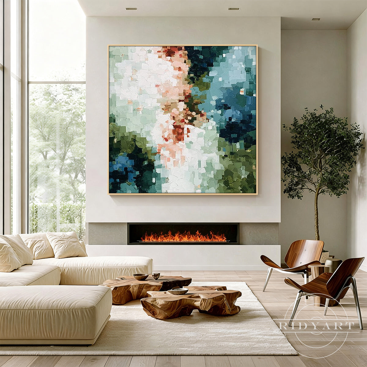 Textured palette knife abstract painting in sage green and teal with warm terracotta and blush accents.
