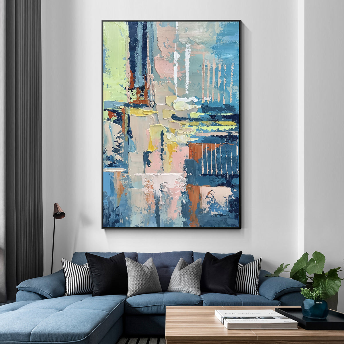 Heavy textured palette knife oil painting with navy blue, blush pink, and cream yellow