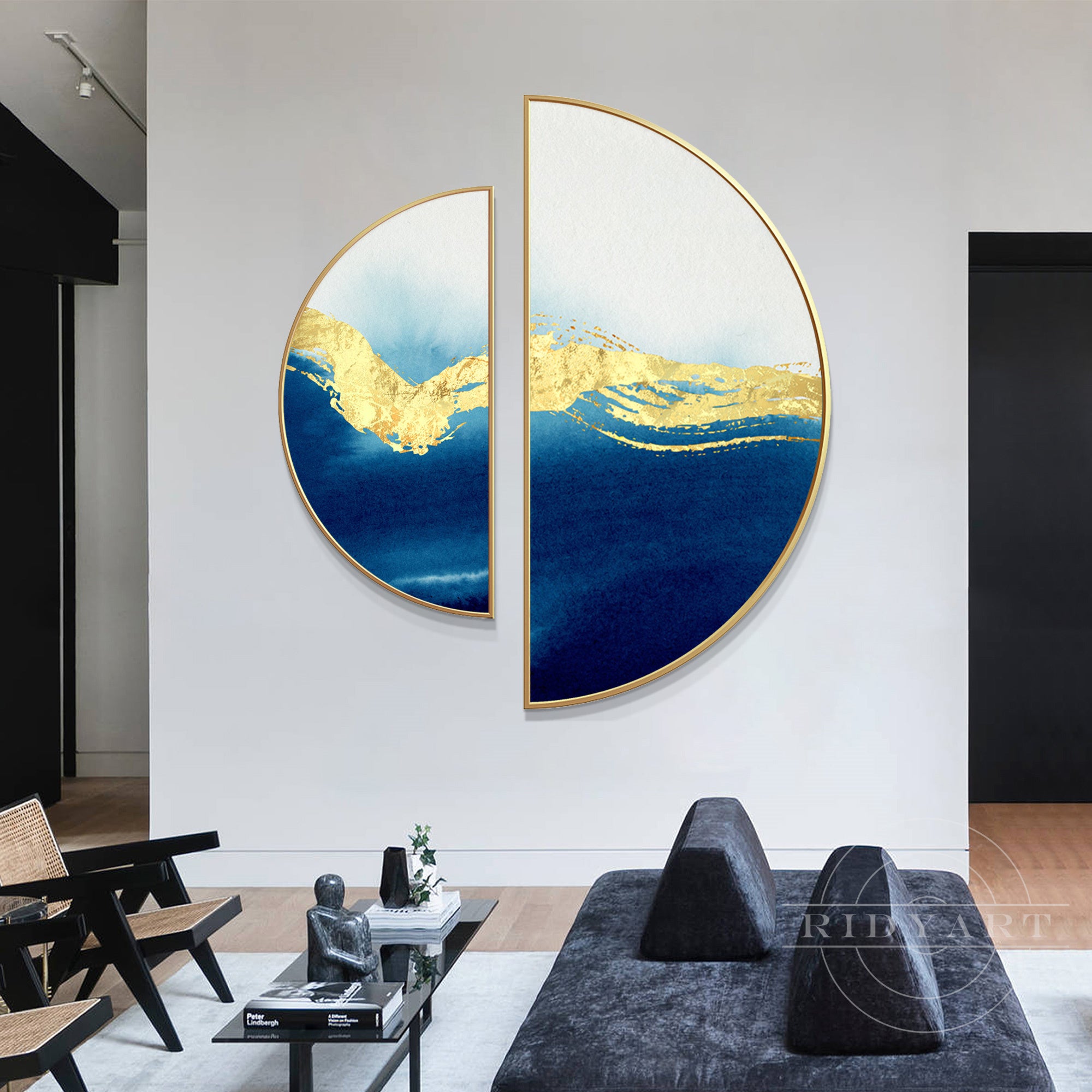 Sophisticated round wall art in navy and gold for living room decor