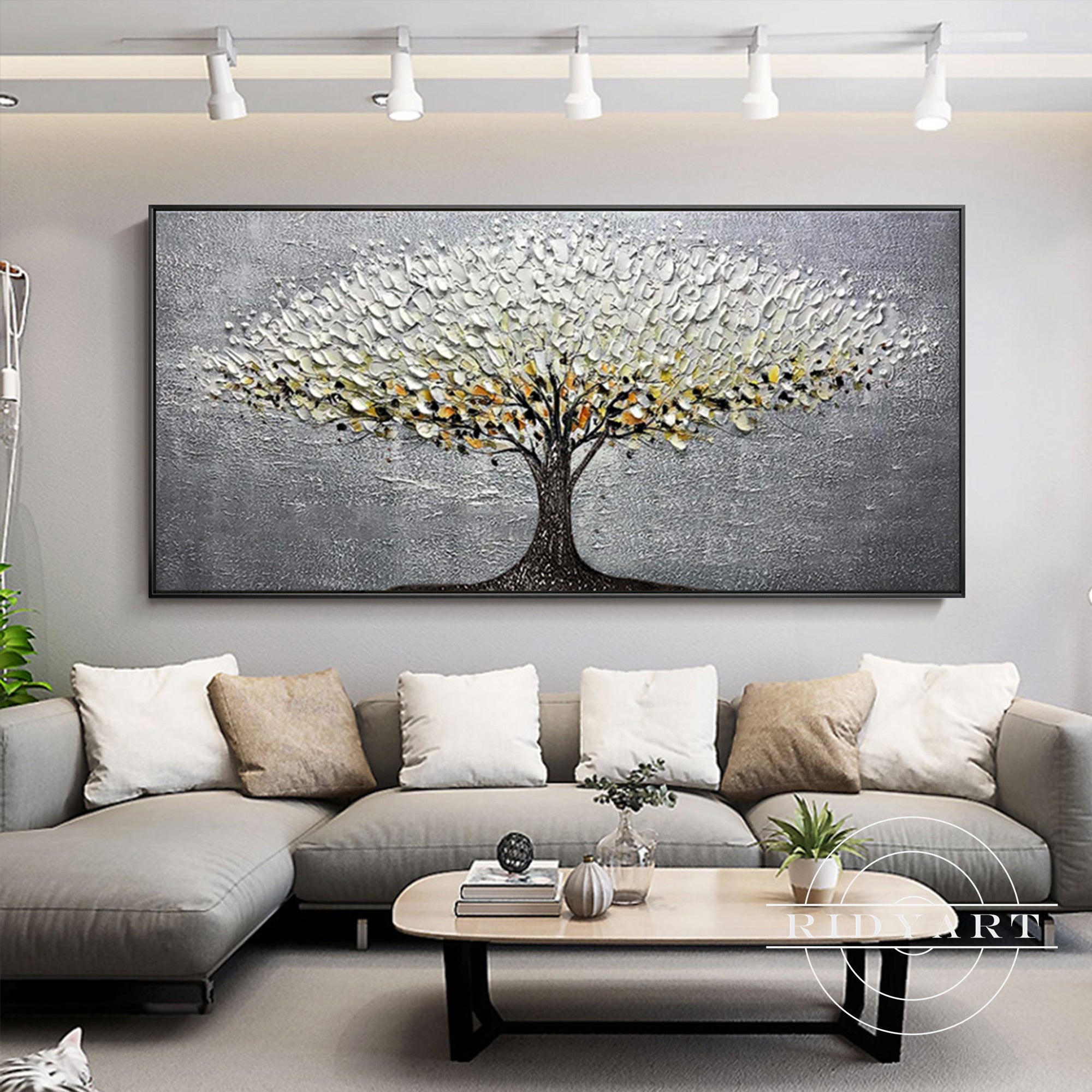 Modern abstract tree painting with textured white blossoms.