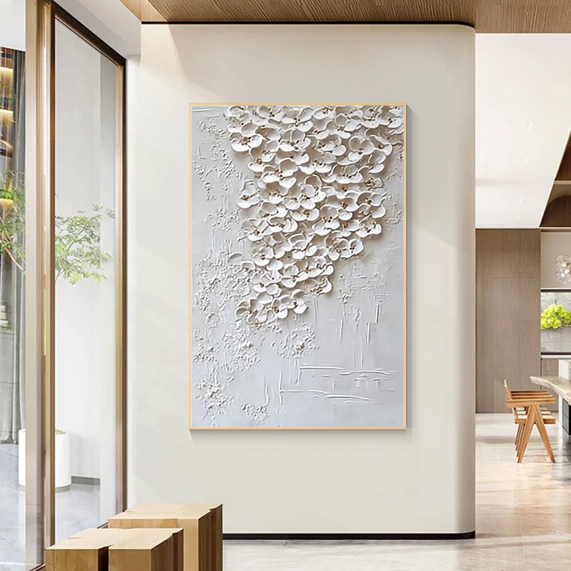 Textured white daisy painting on beige canvas