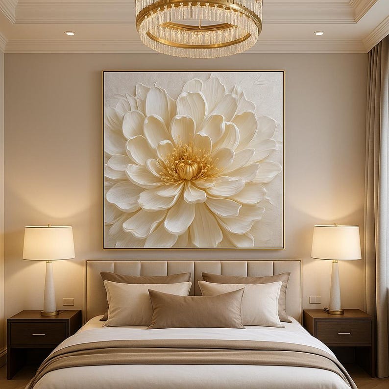 3D textured white floral painting on neutral canvas for modern decor