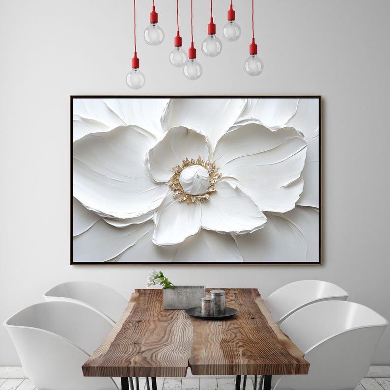 3D textured white flower oil painting on canvas