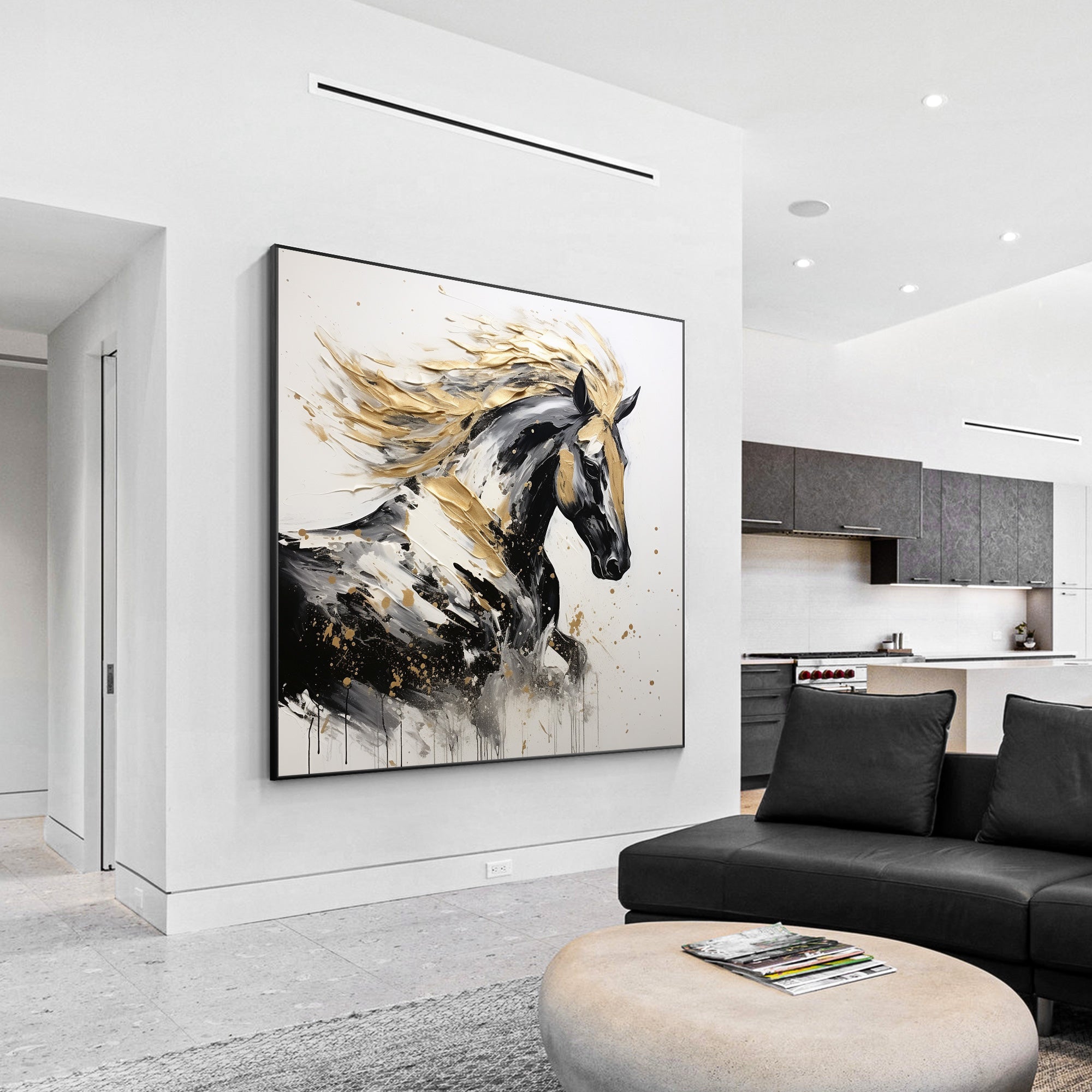 Black and gold textured running horse painting on canvas with metallic accents.

