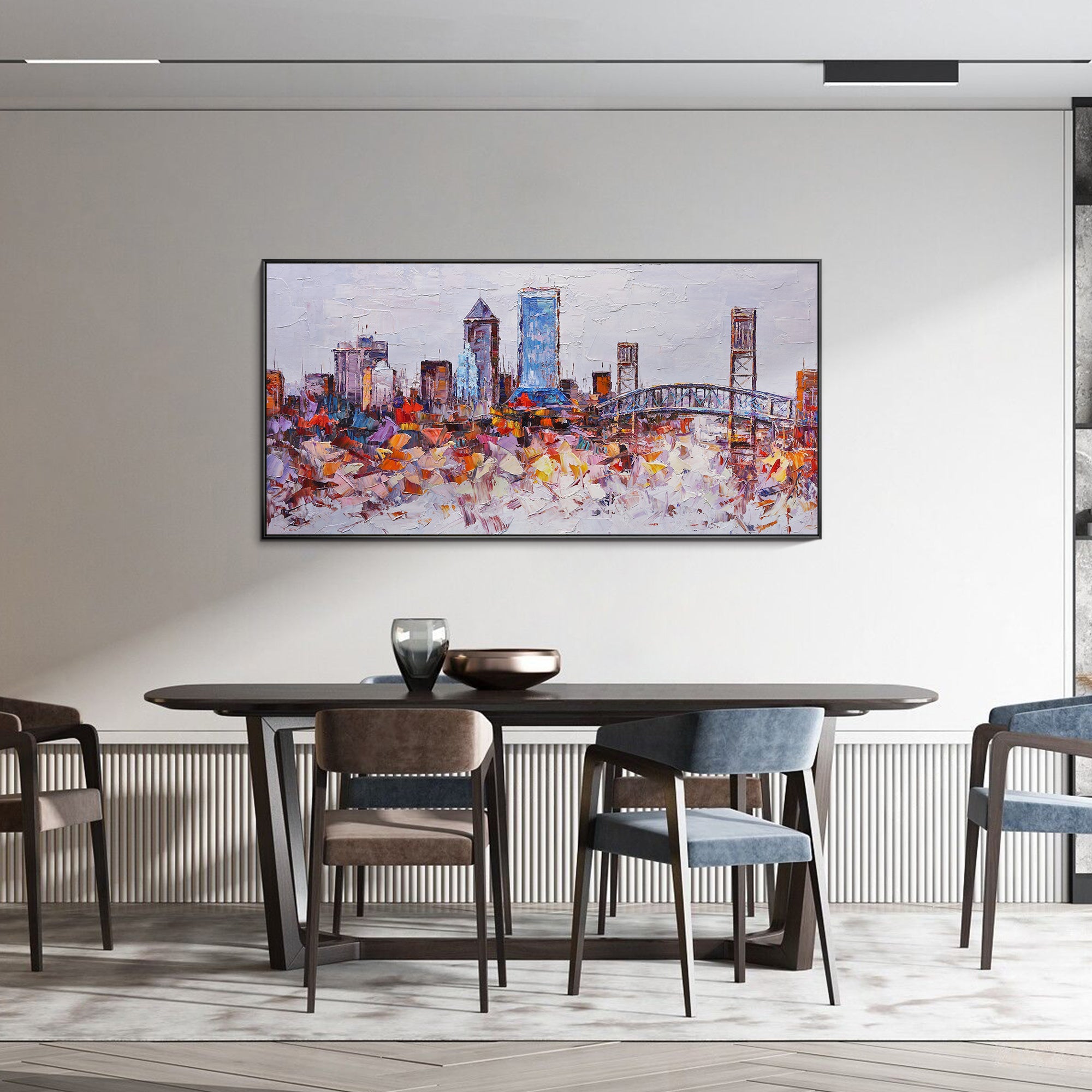 Florida skyline oil painting with vibrant and textured art.