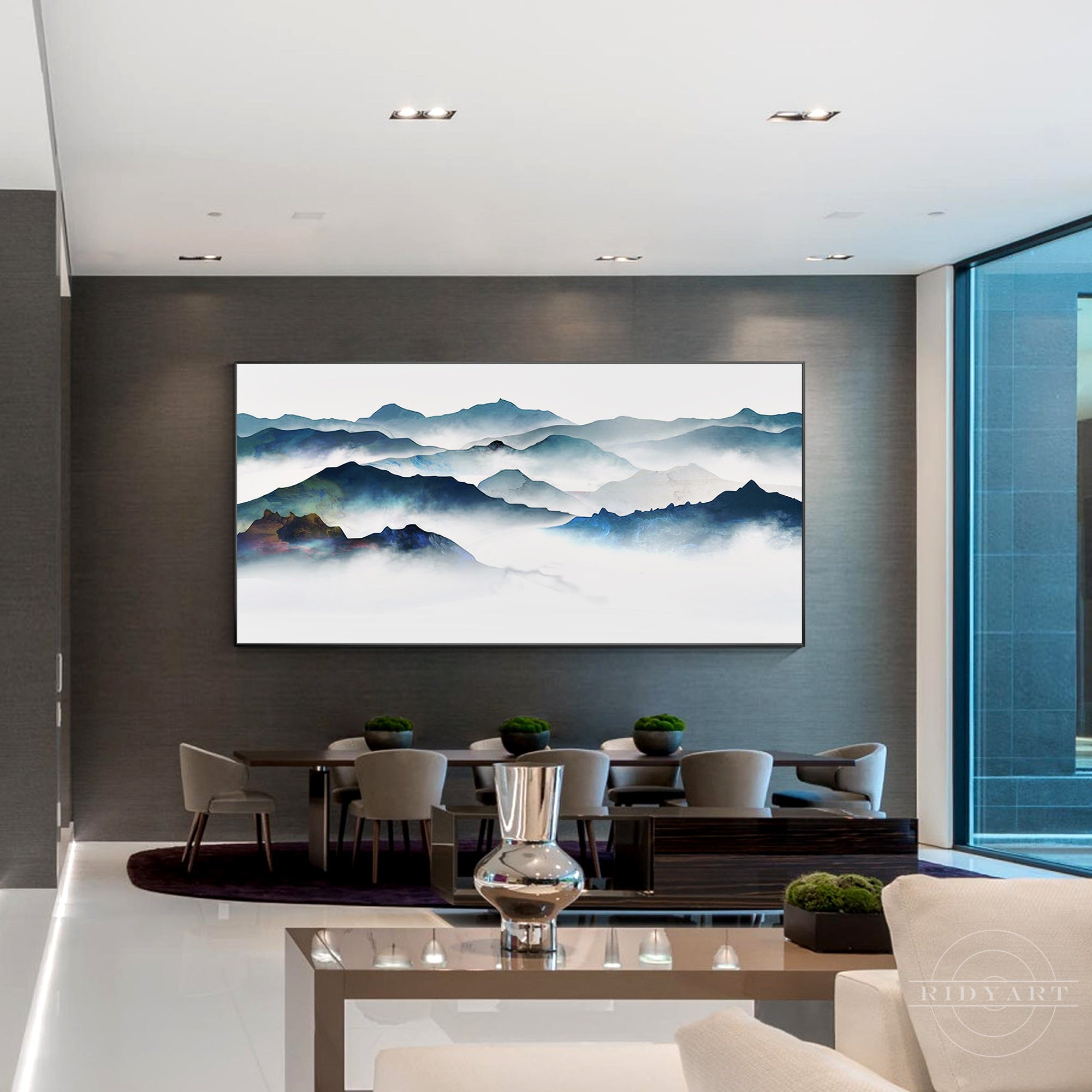 Watercolor foggy mountain landscape painting on canvas.
