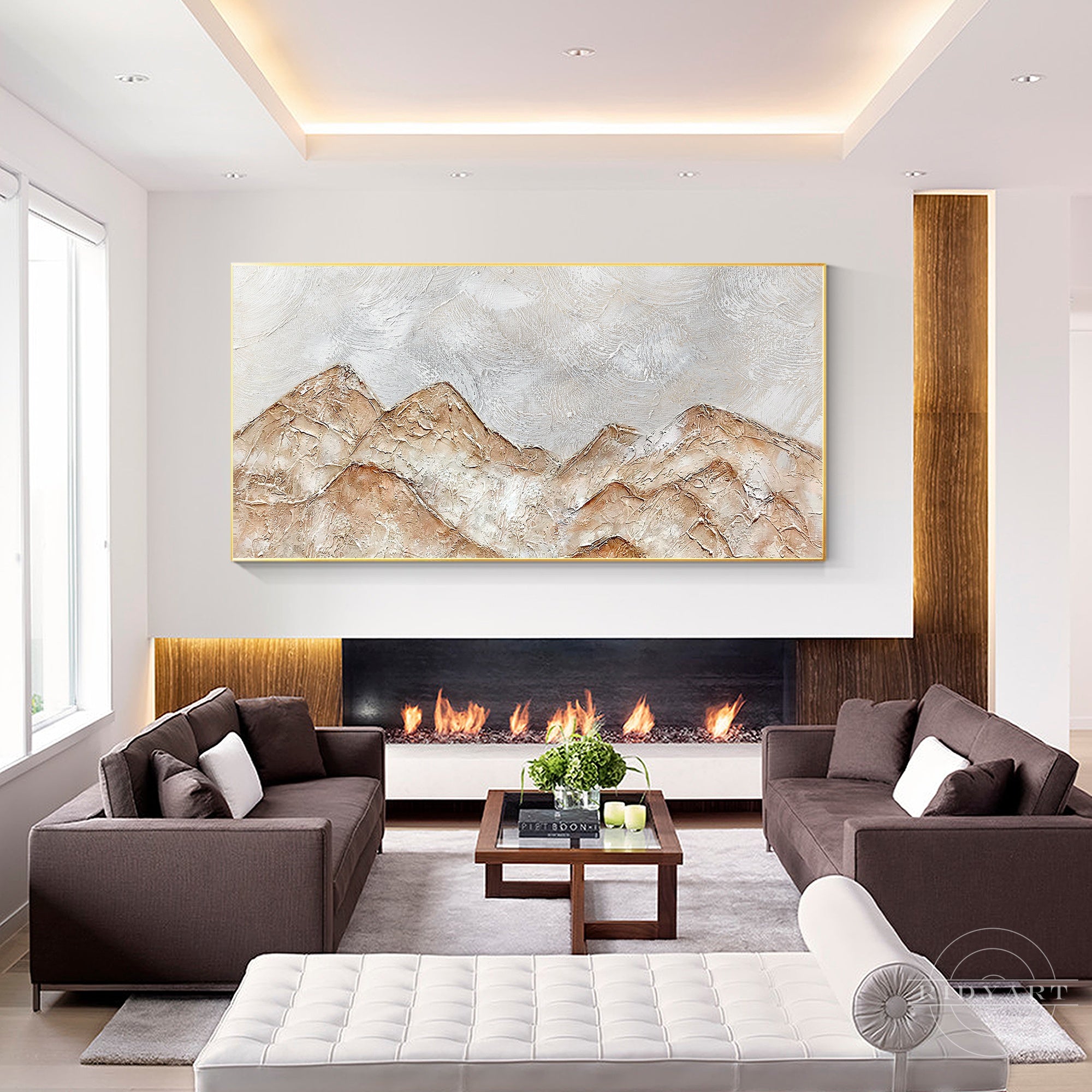 Brown gray abstract mountain landscape painting on canvas.
