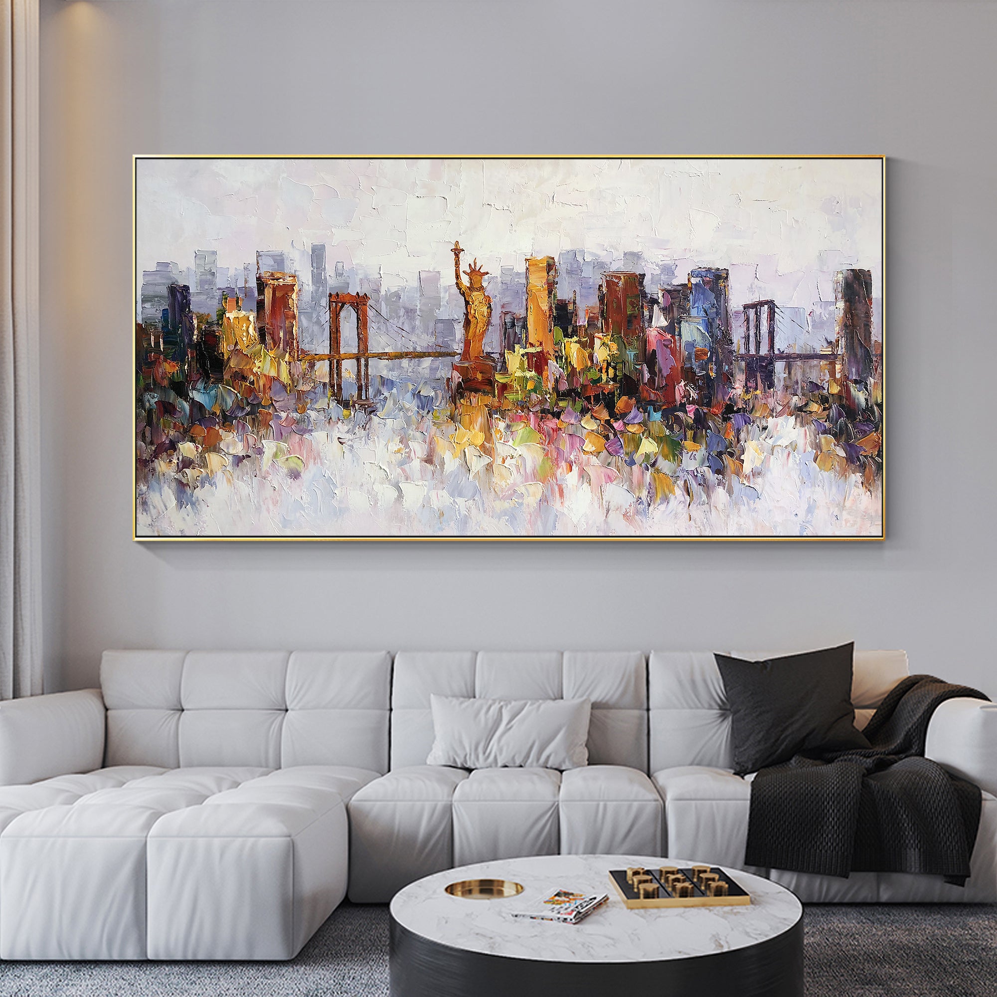 New York skyline oil painting with textured urban landscape.