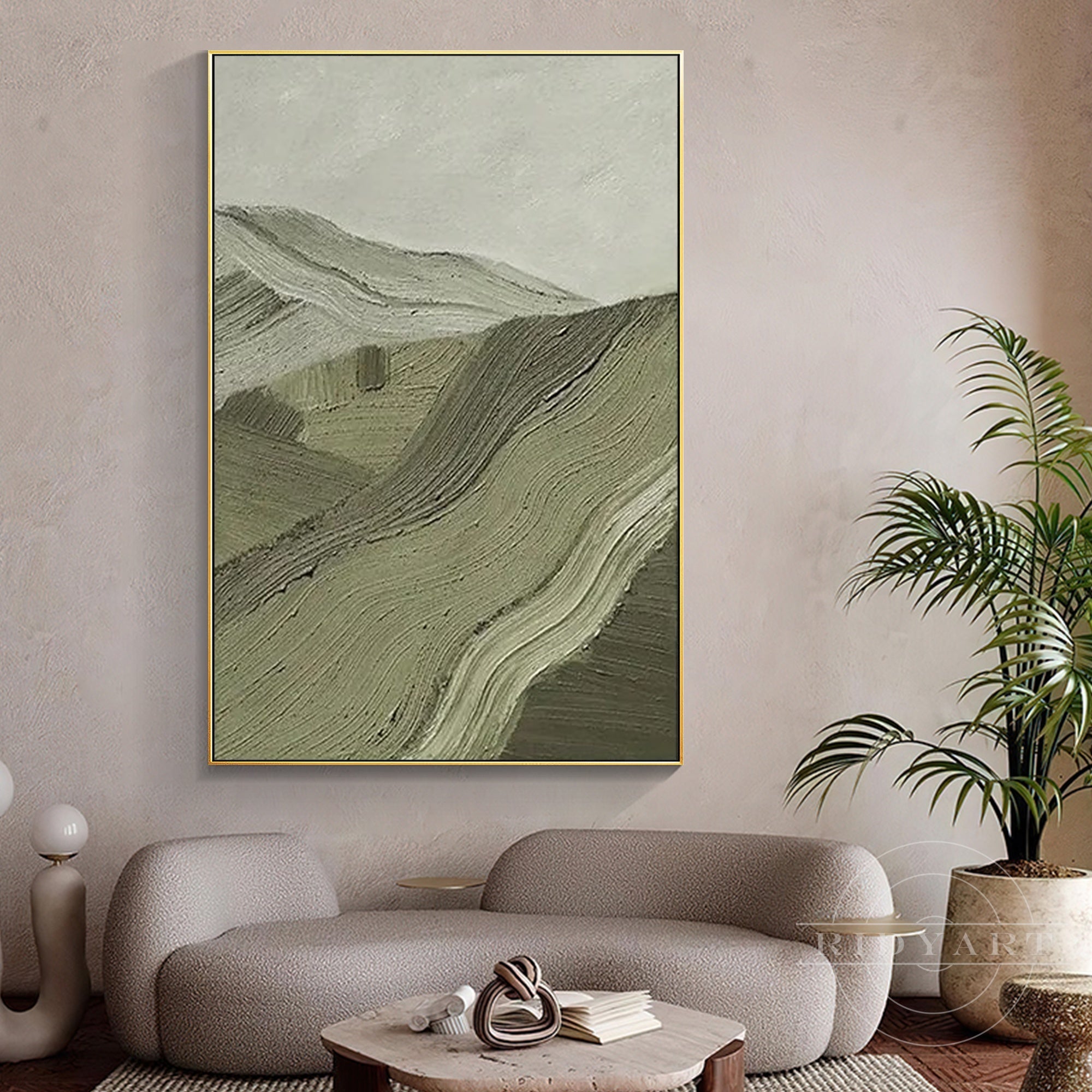 Minimalist textured wall art of sage green mountains