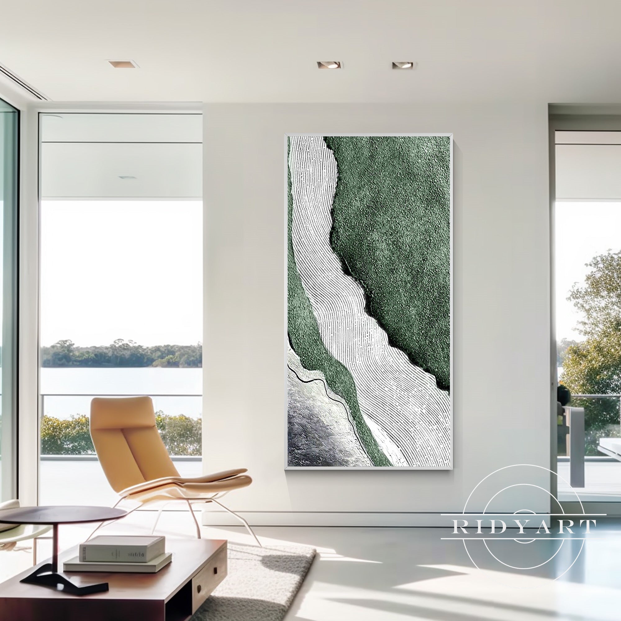 Coastal-inspired textured wall art in calming green tones