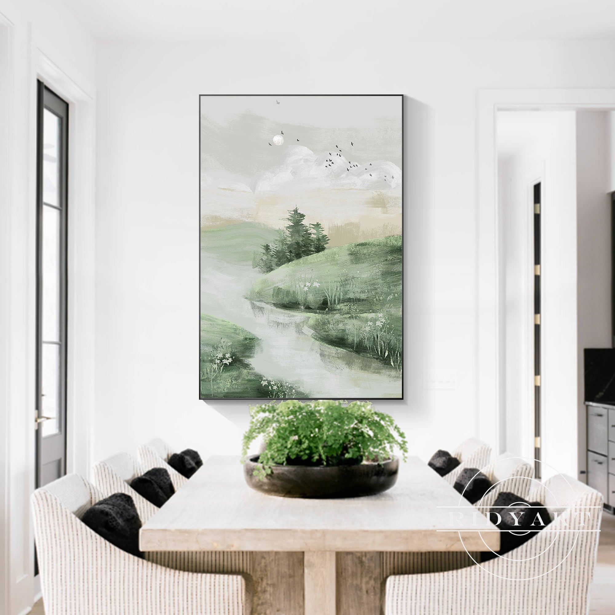 Tranquil wall art with soft greenery and a peaceful stream scene