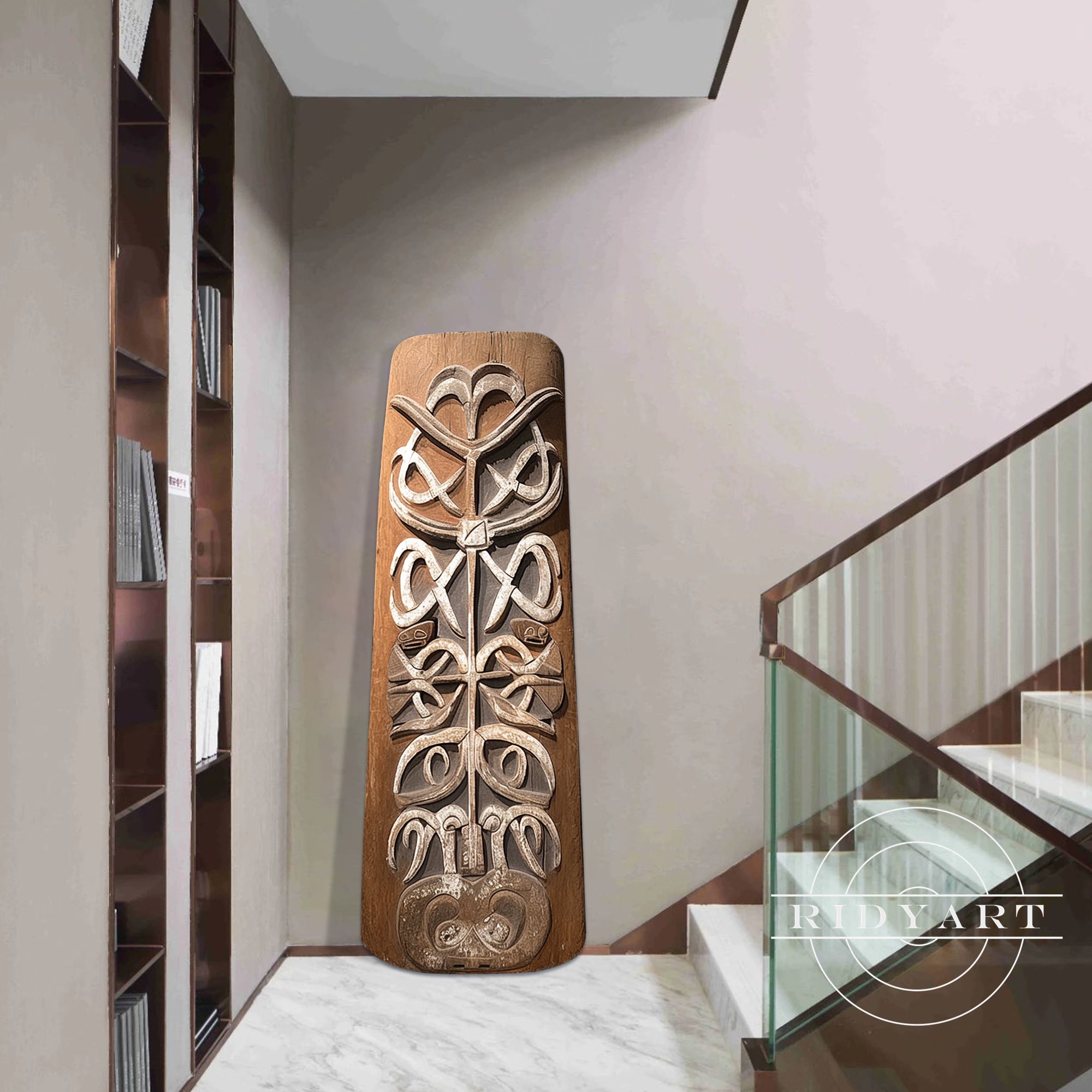 Hand-carved tribal wood wall sculpture
