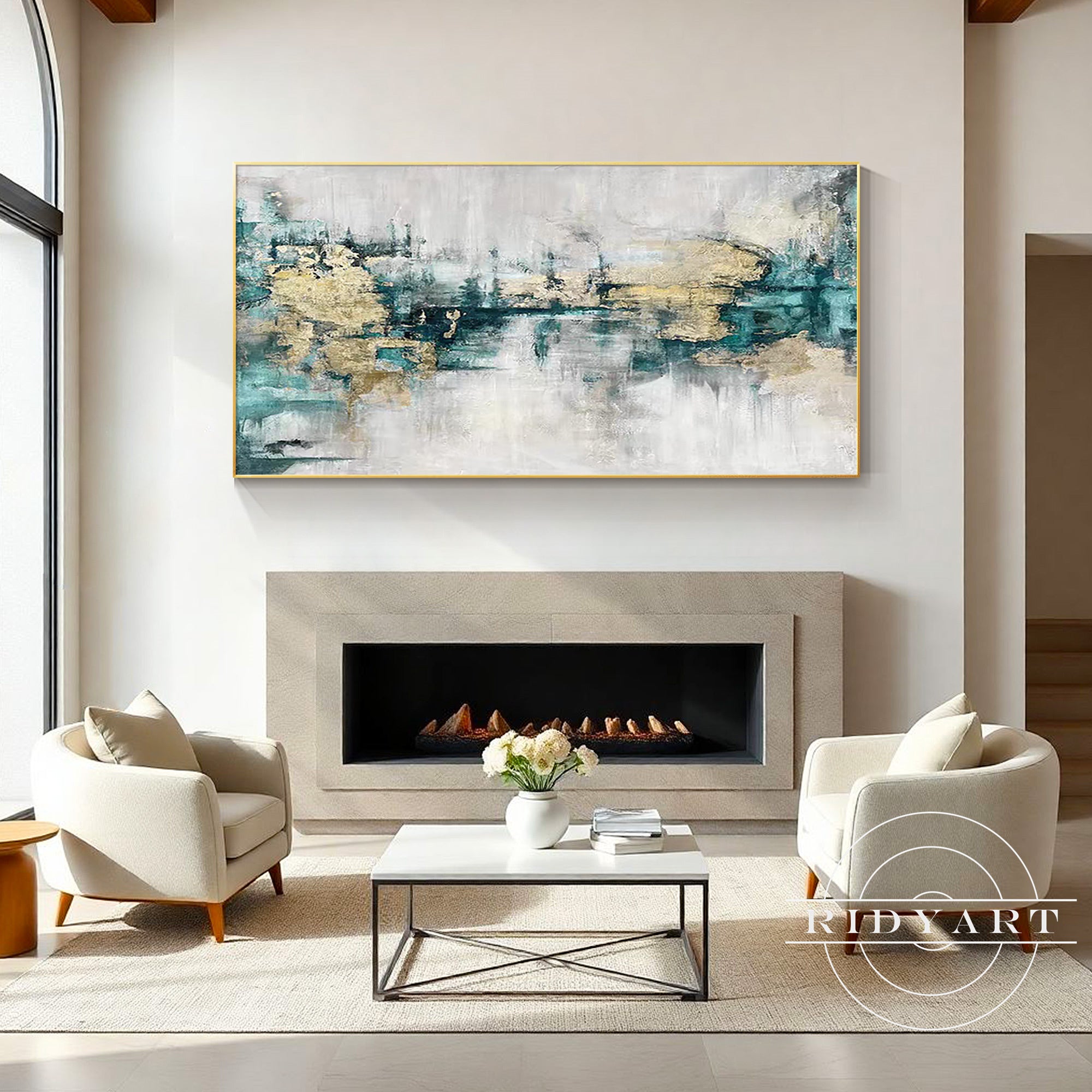 Turquoise gold textured abstract artwork for living room décor