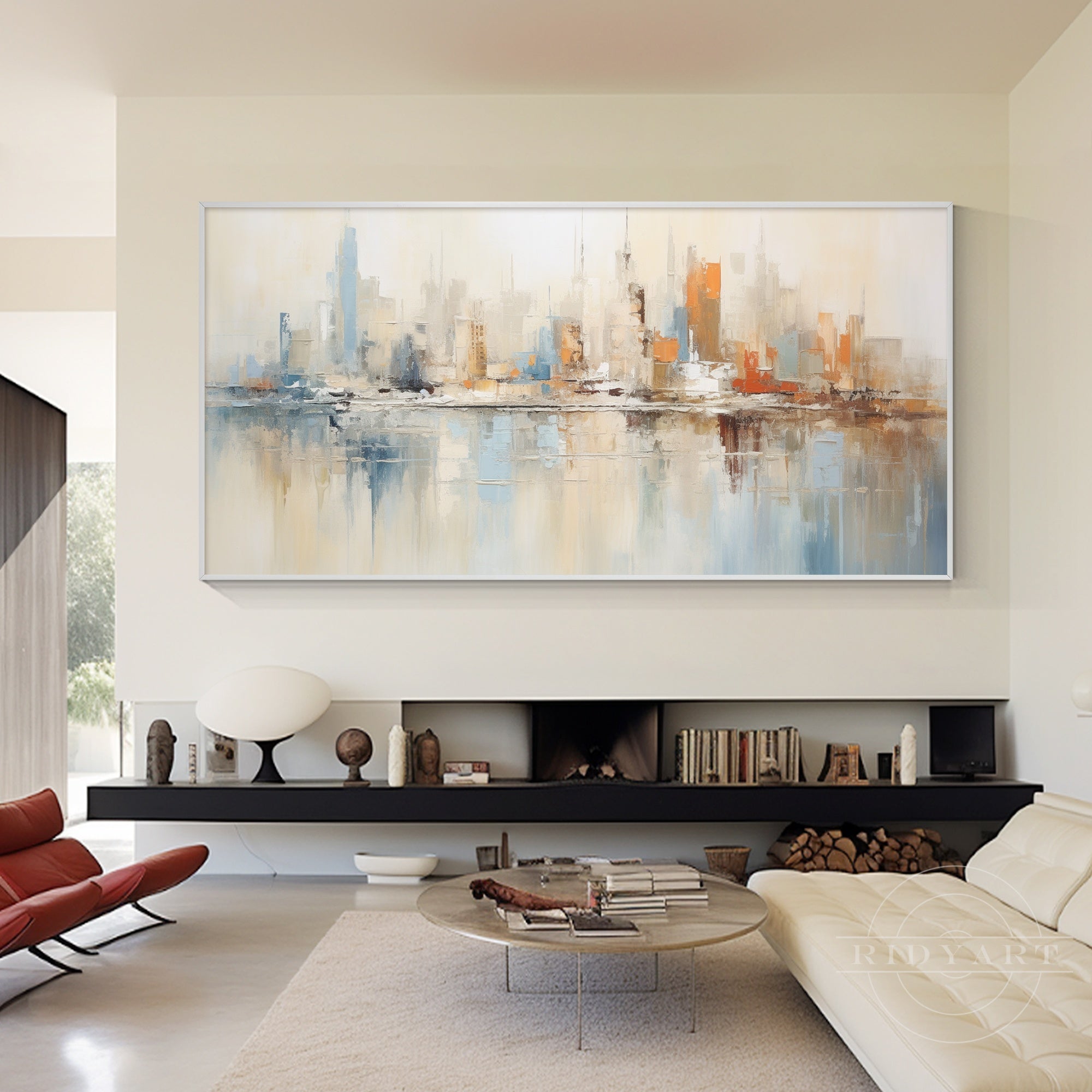 Abstract cityscape artwork featuring Chicago skyline