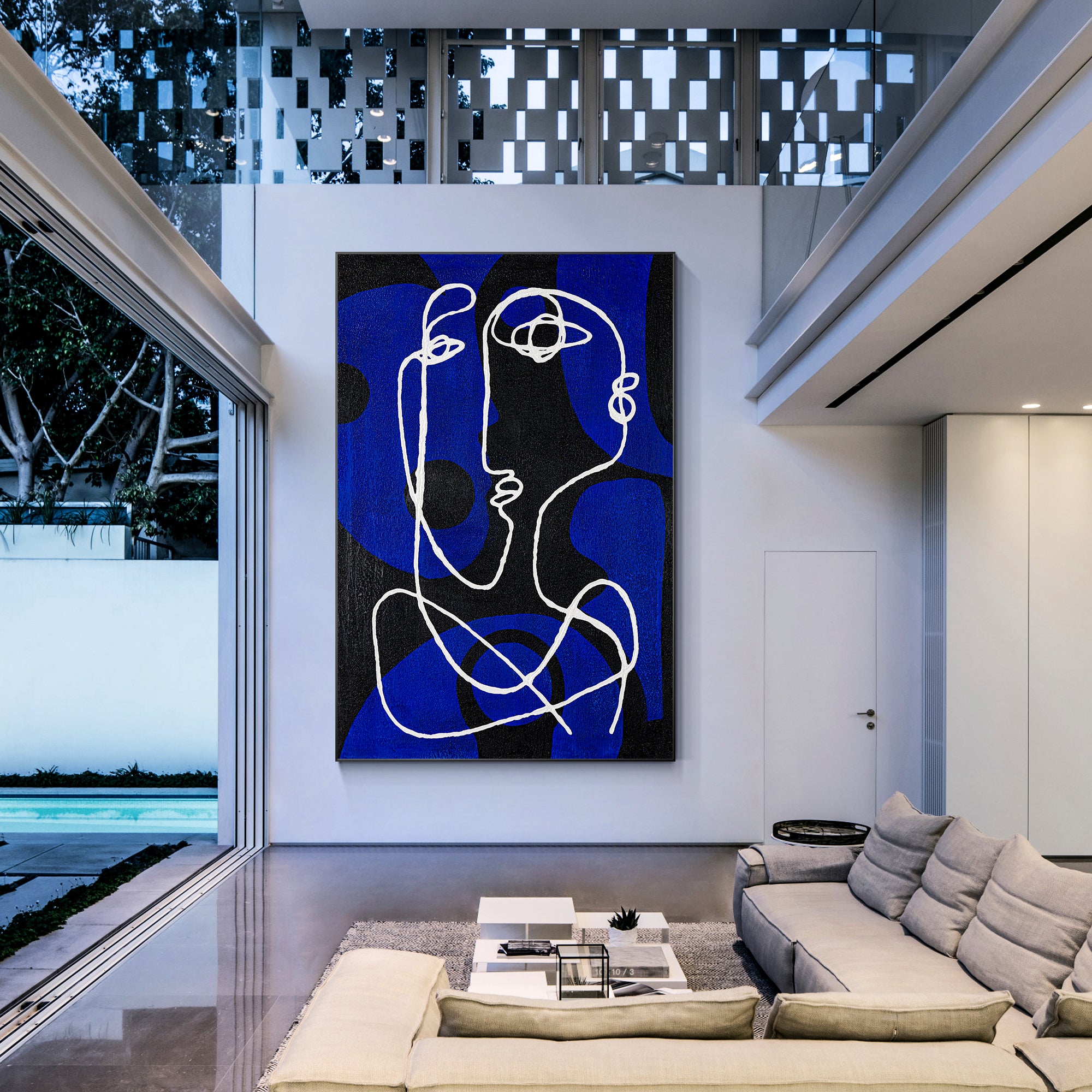 Modern blue and black textured painting with intricate white linework.