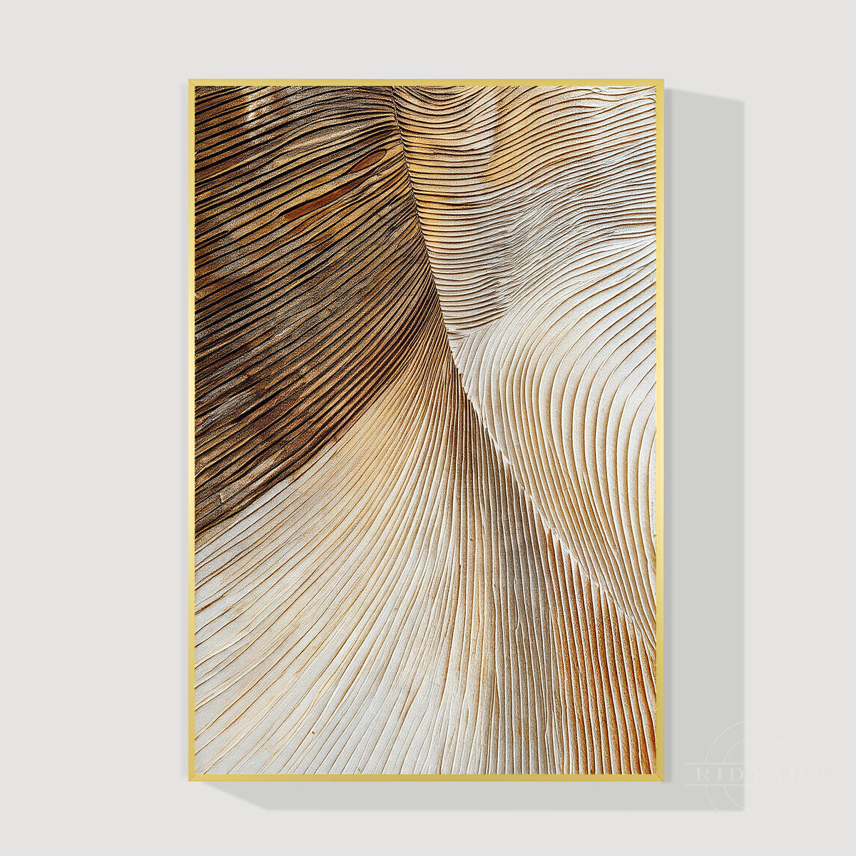 Large vertical 3d textured abstract painting featuring gold, metallic bronze, and beige fan-like leaf grooves in a gold frame.