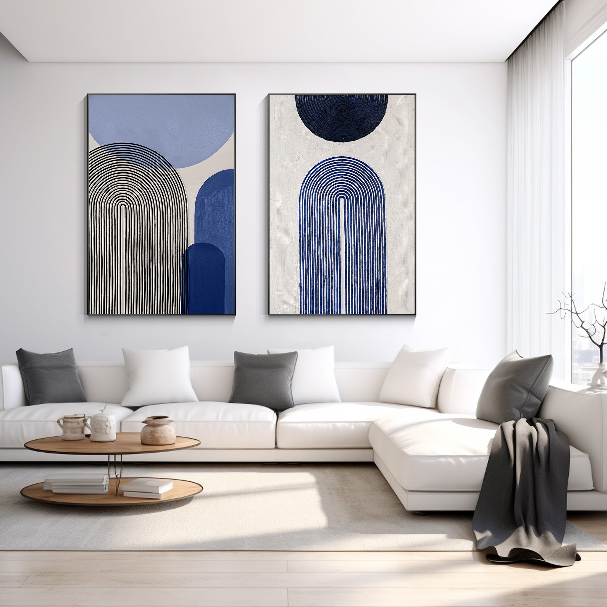 Set of 2 baby blue abstract geometric paintings on canvas with textured organic shapes. Vertical modern wall art for living room or bedroom decor.