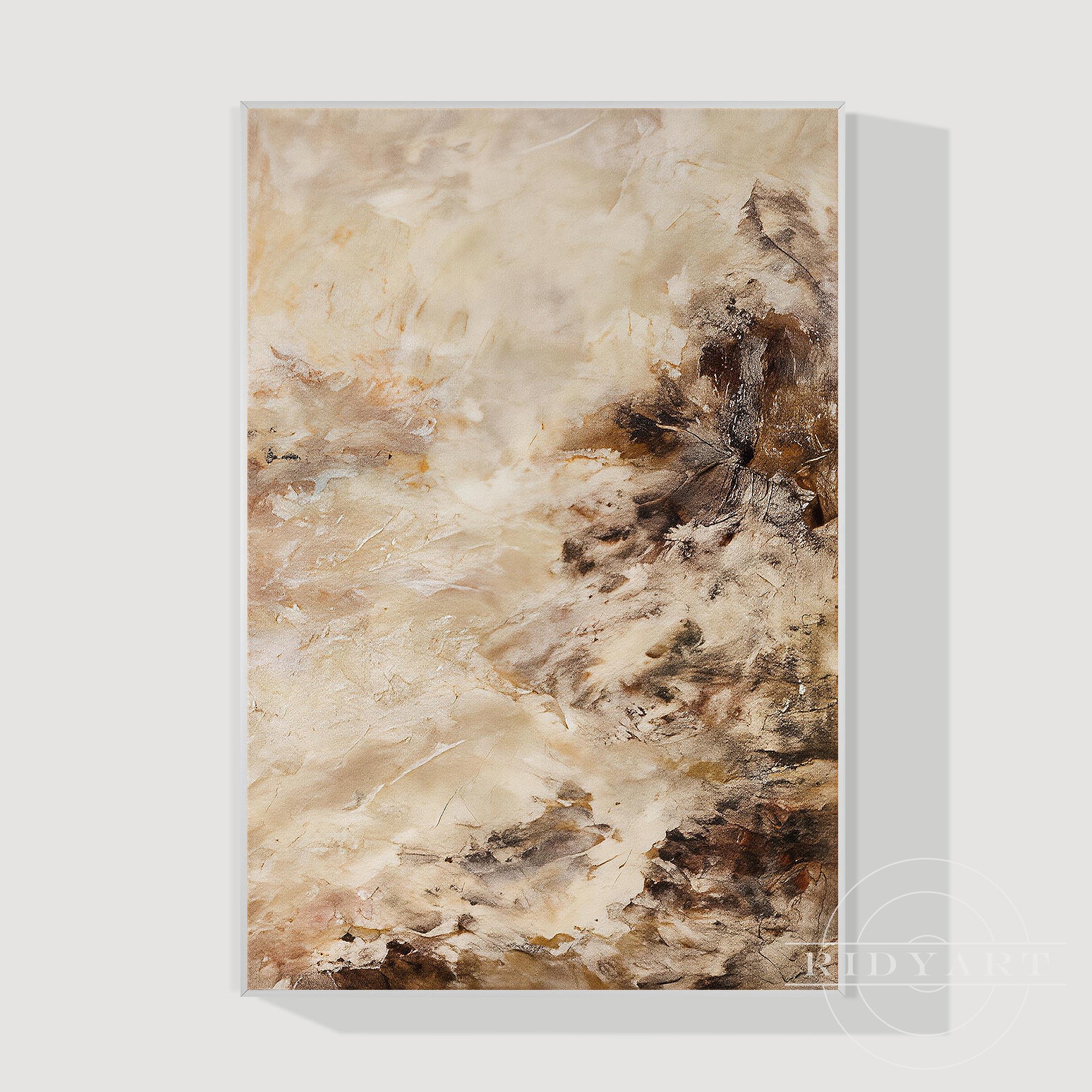 Vertical abstract canvas print in warm neutral earth tones featuring creamy off-white and bronze accent layers.