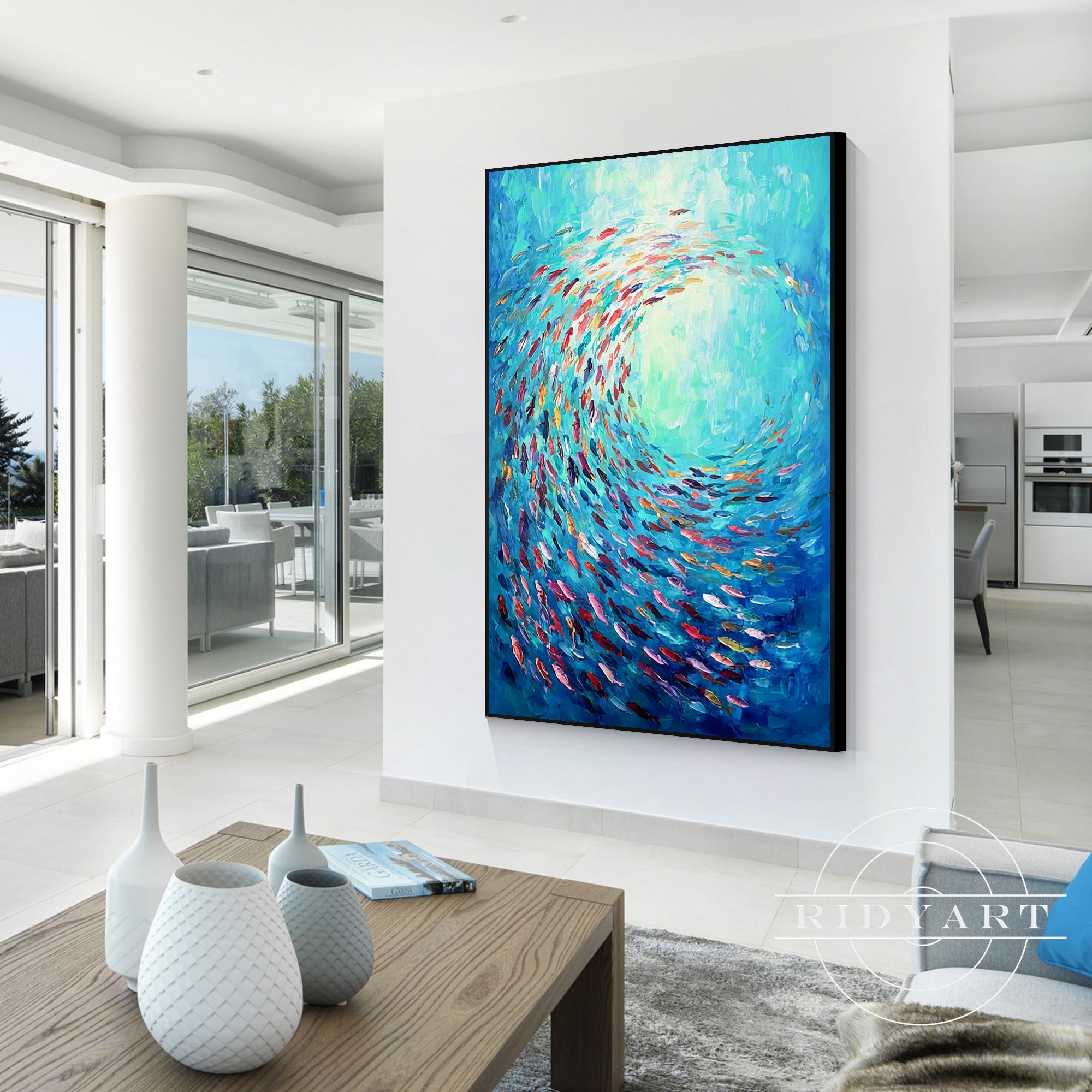 Vertical underwater ocean wall art with swimming fish