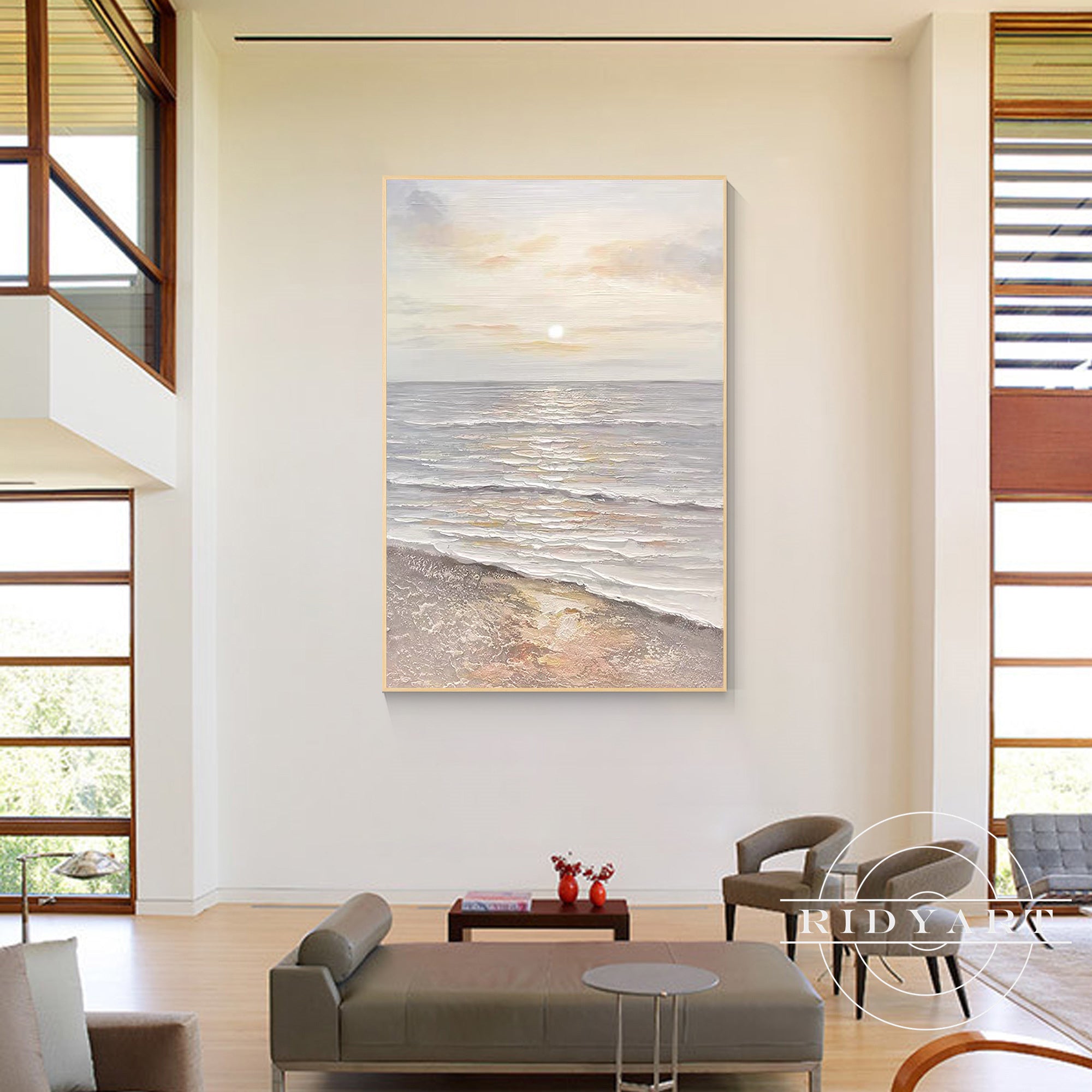 Vertical seascape wall art featuring sunrise over the ocean