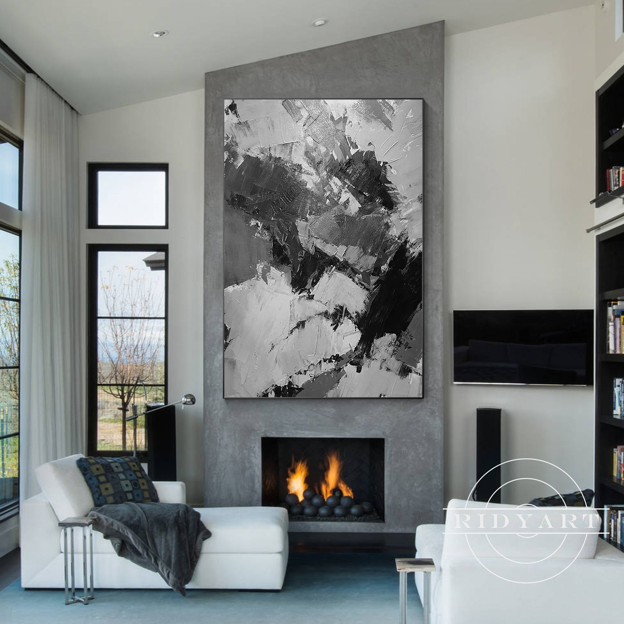 Black gray white abstract textured painting on canvas