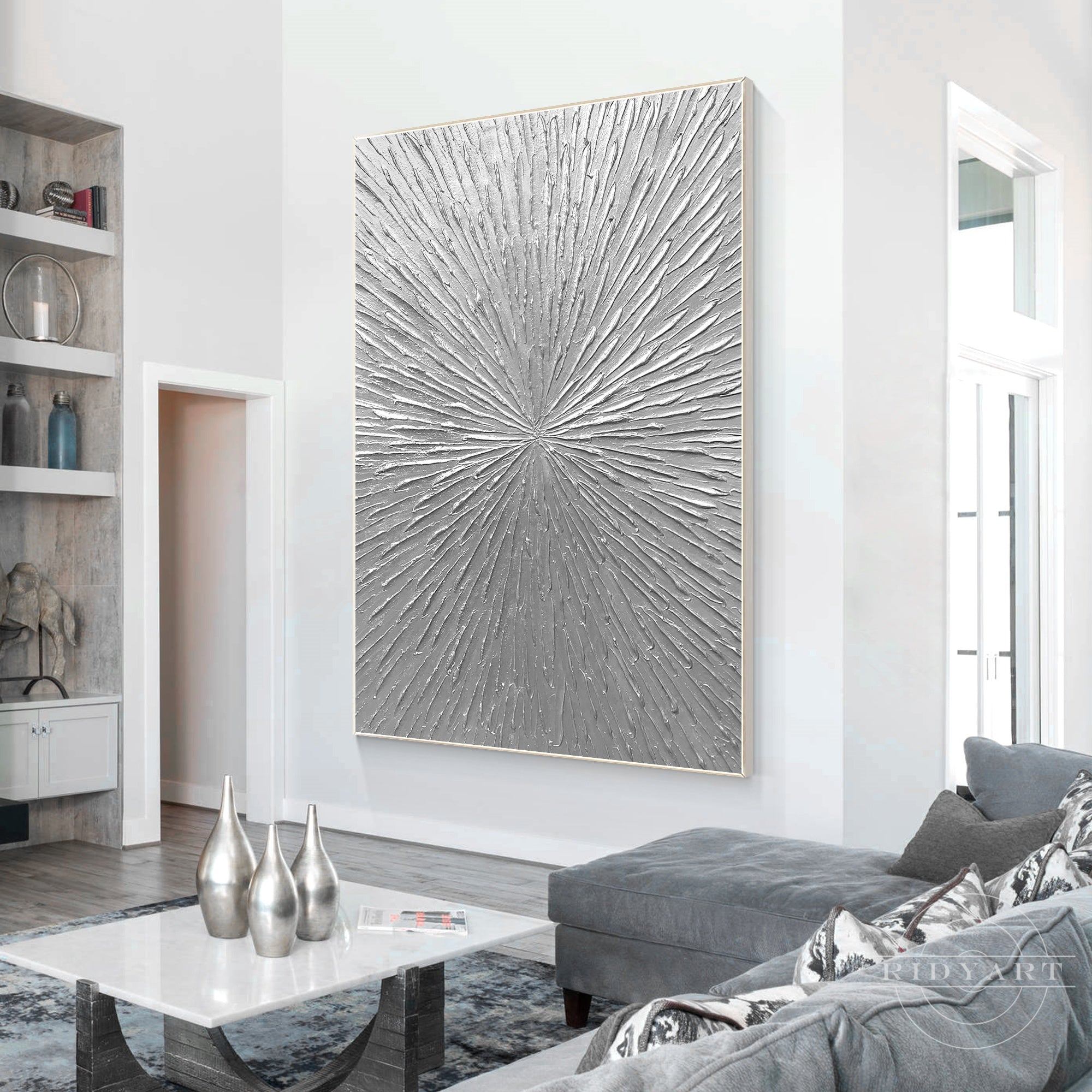 Silver rays abstract thick textured minimalist painting.
