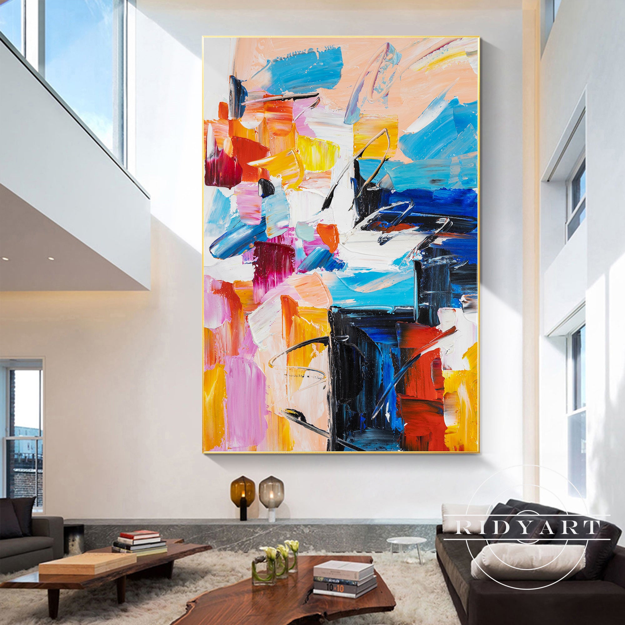 Abstract colorful painting with vibrant brushstrokes for modern decor.