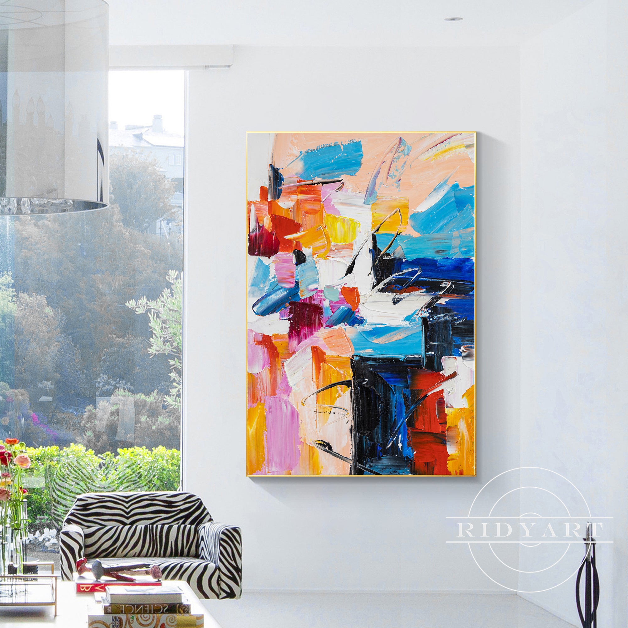 Abstract wall art with a lively mix of colors for contemporary interiors.