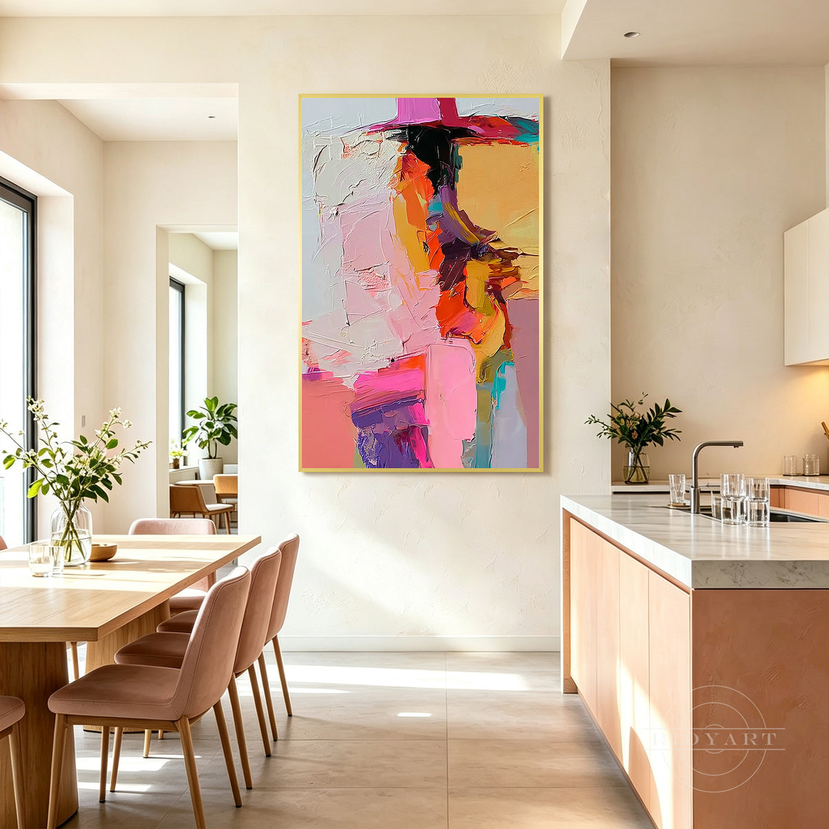 An expressionist abstract oil painting with bold color blocks of magenta pink, sunny yellow, dark purple, and teal blue.