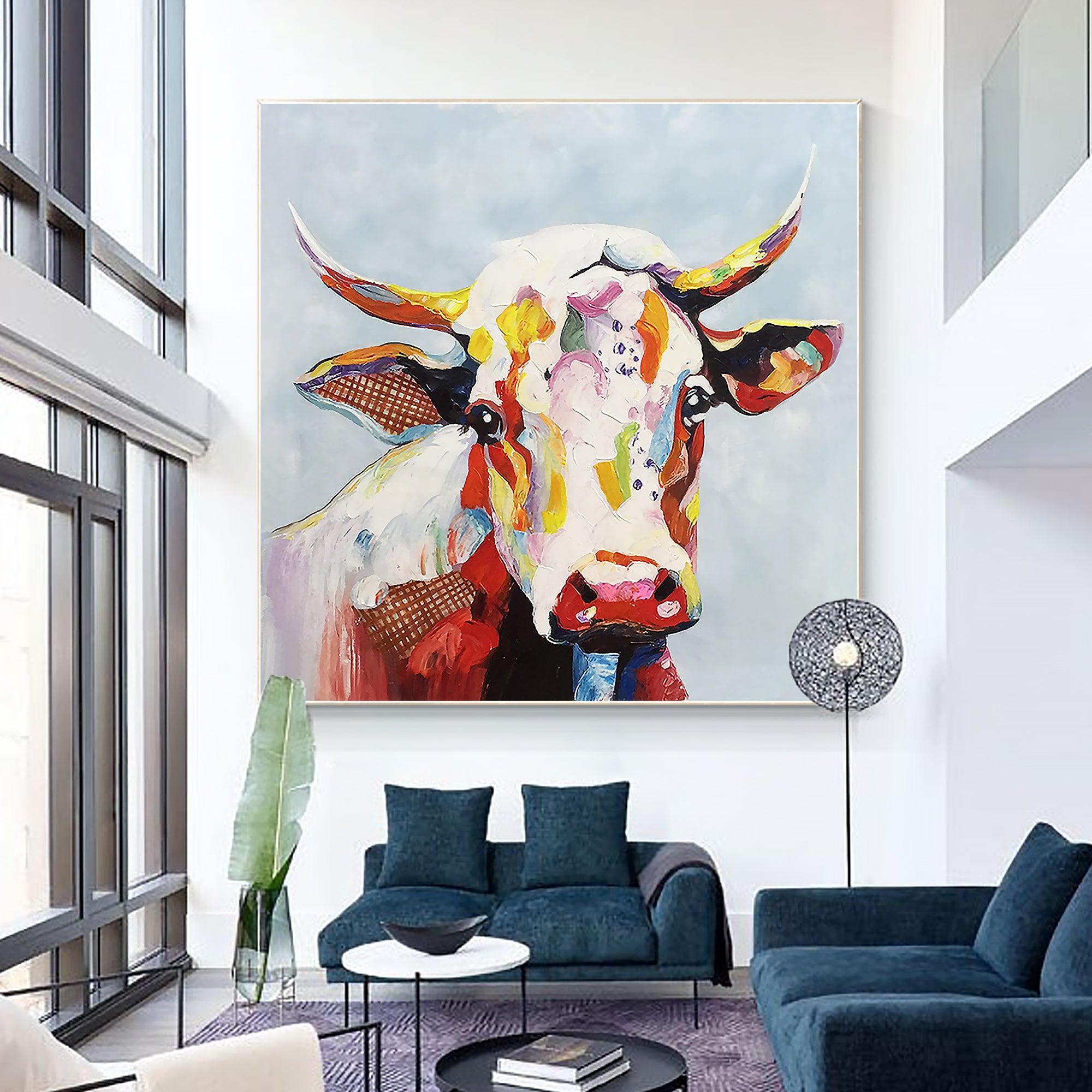 Vibrant and textured animal art featuring a cow in bold colors