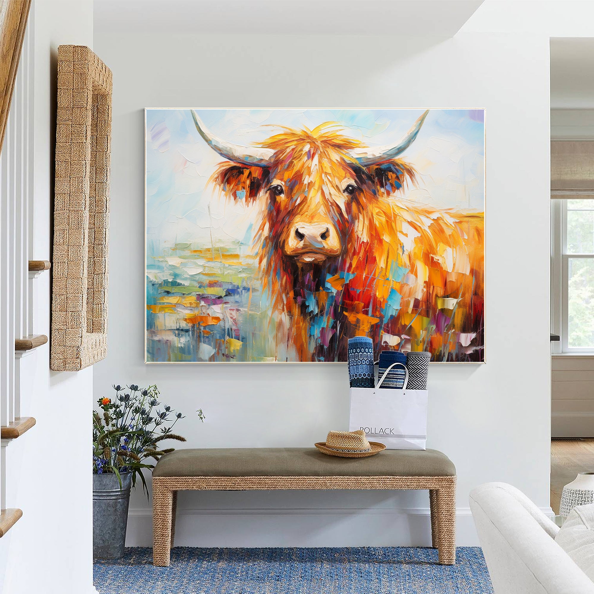 Bright colorful yak texture painting on canvas with vibrant colors.

