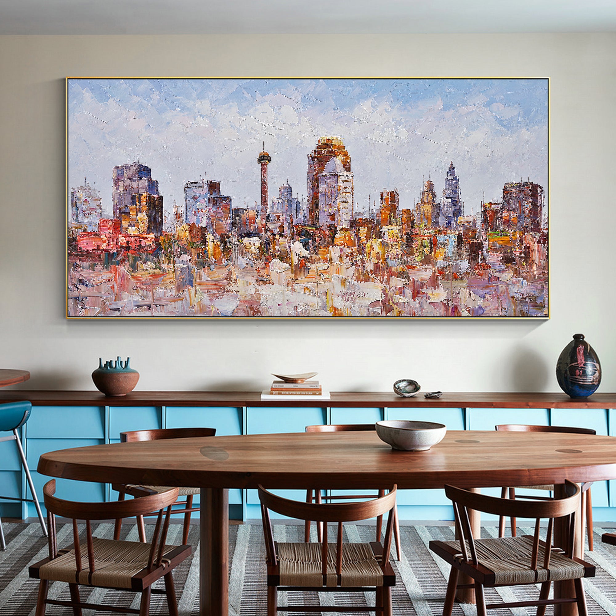 Cityscape of San Antonio Texas in a textured oil painting.