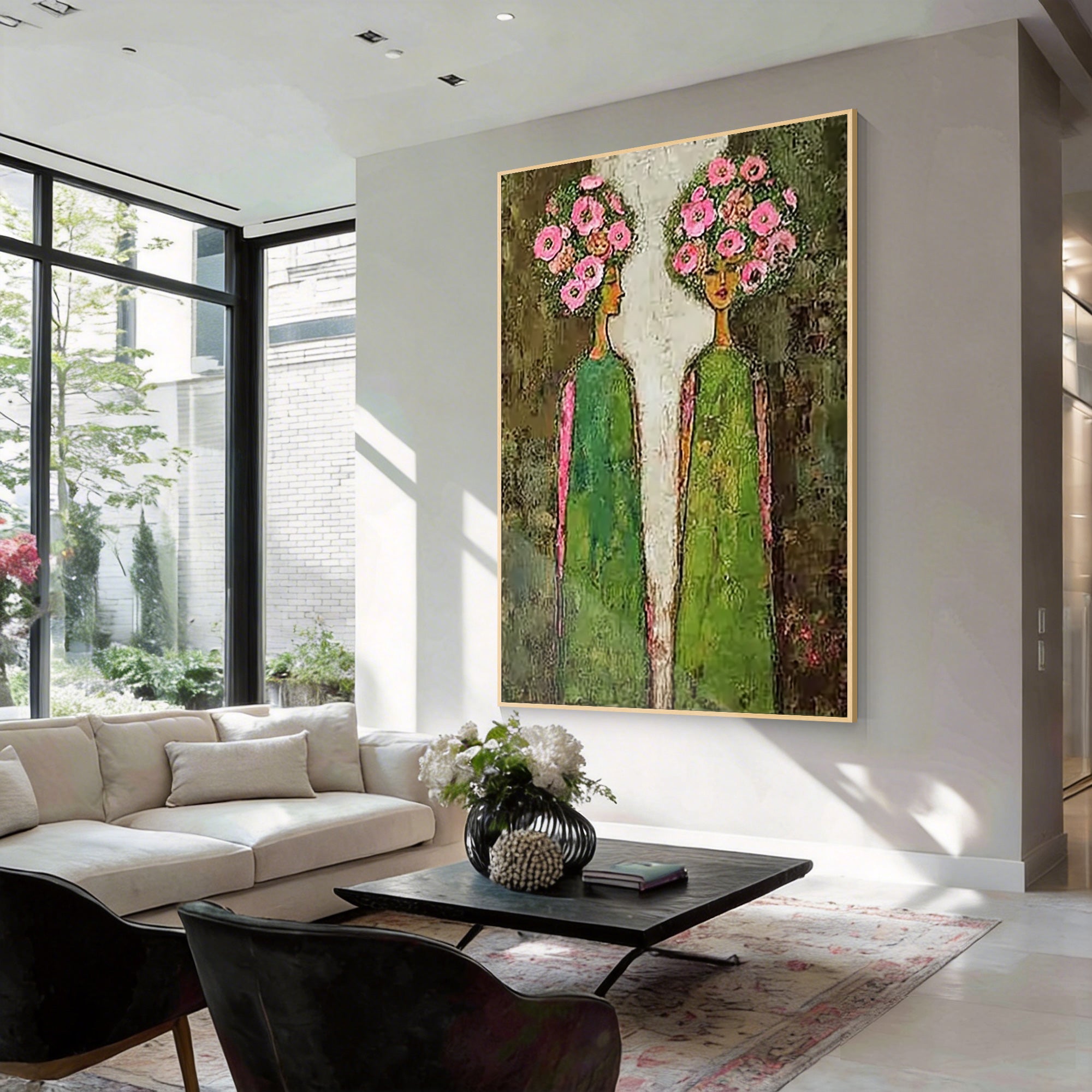 large figurative floral canvas brown green painting