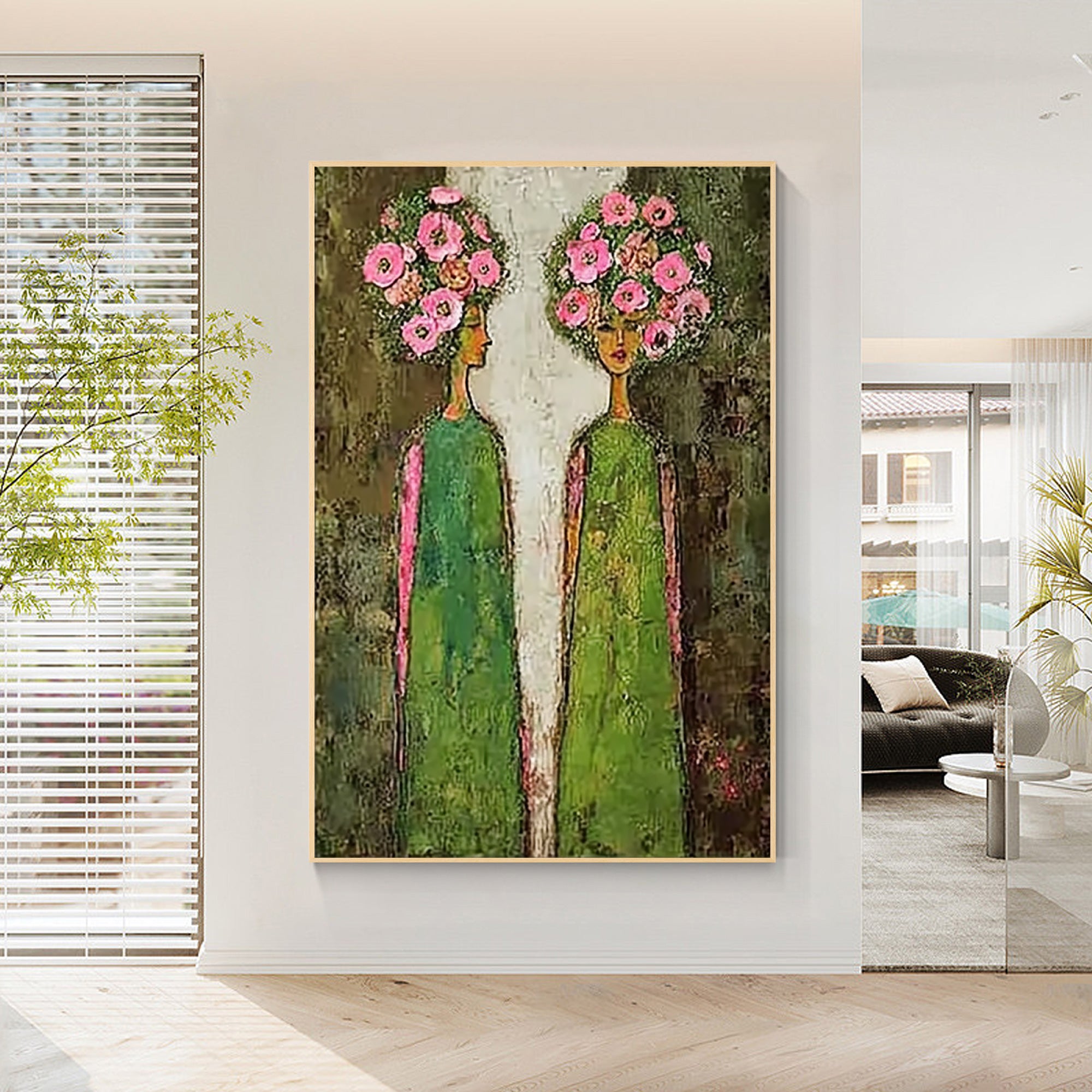 floral woman painting beige green modern wall art